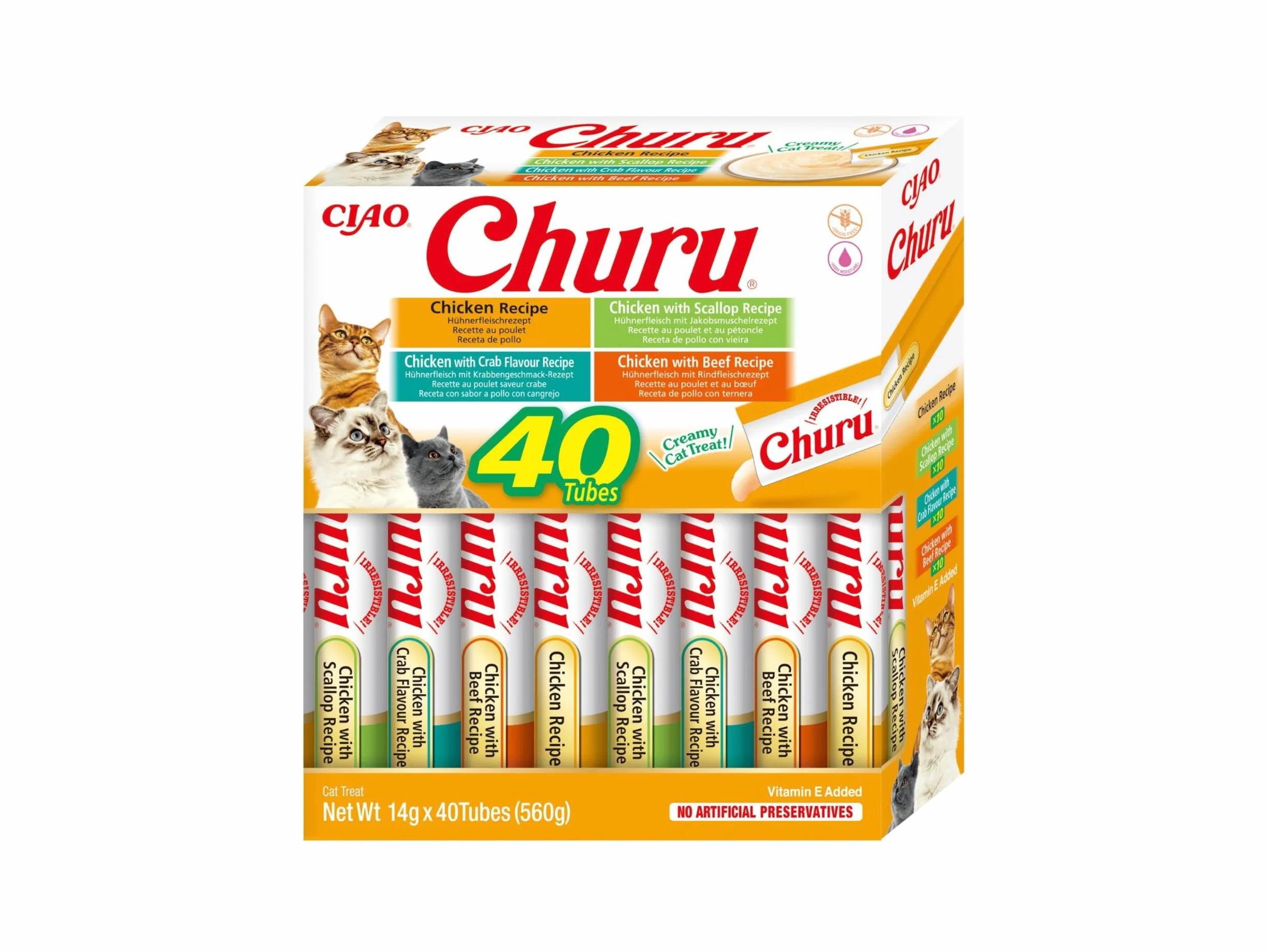 INABA Churu Gatos - 4 Recetas de Snacks Saludables a Base de Pollo - Deliciosos Premios con Textura Suave y Cremosa - Natural, Sin Cereales, Sin Conservantes, Sin Colorantes - 560g (40x14g)