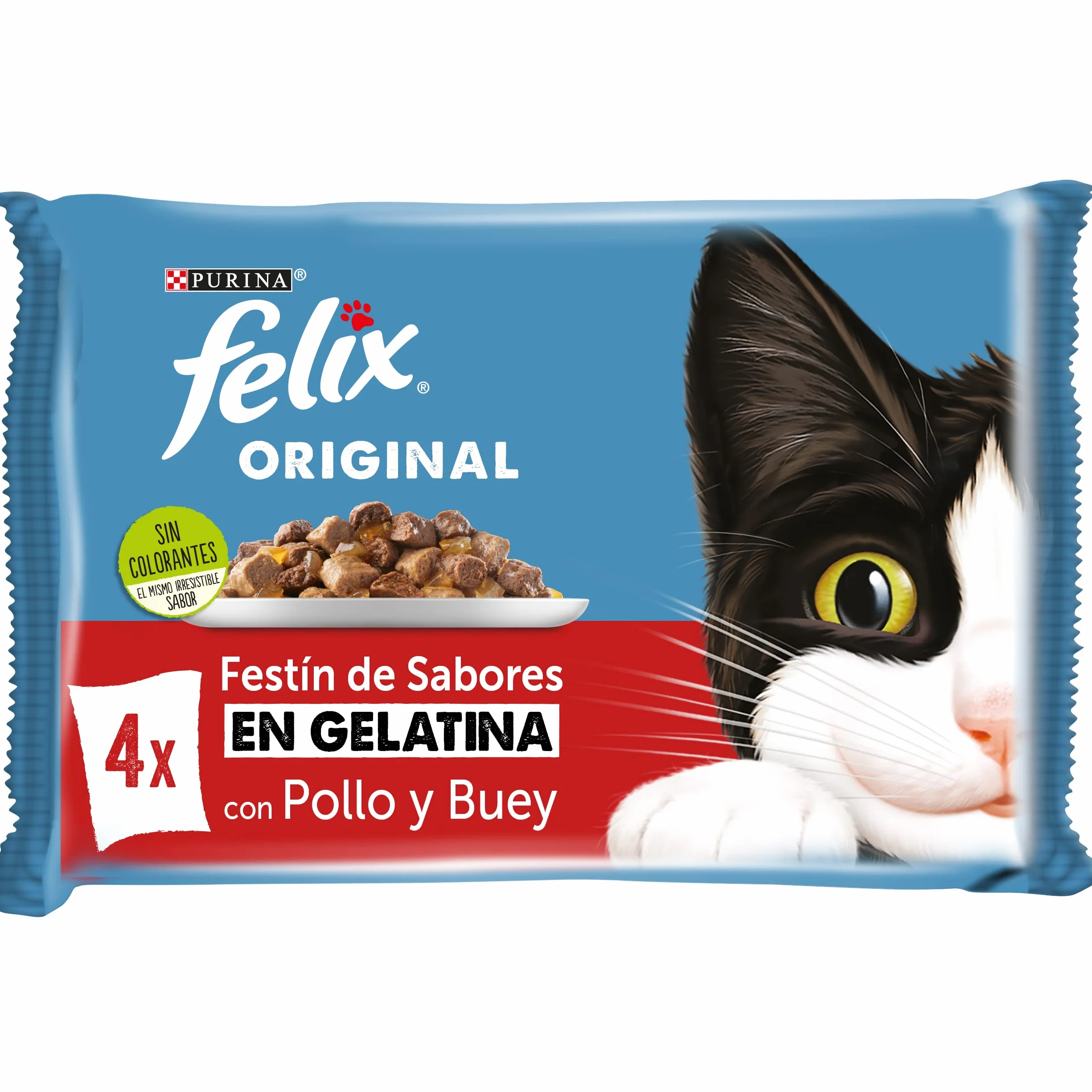 FELIX Original, Comida Húmeda para Gato Adulto, Gelatina, Surtido de Pollo y Buey, 12 Packs de 4 Sobres de 85 g. (48 Sobres)