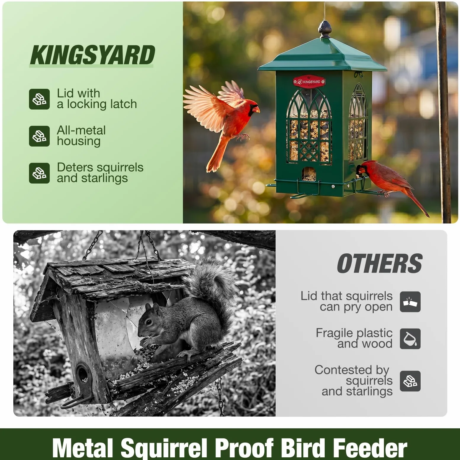 Kingsyard Comedero para pájaros a prueba de ardillas para exteriores con perchas activadas por peso, capacidad de 5 libras, comedero de metal grande para pájaros silvestres pequeños, pinzón cardenal