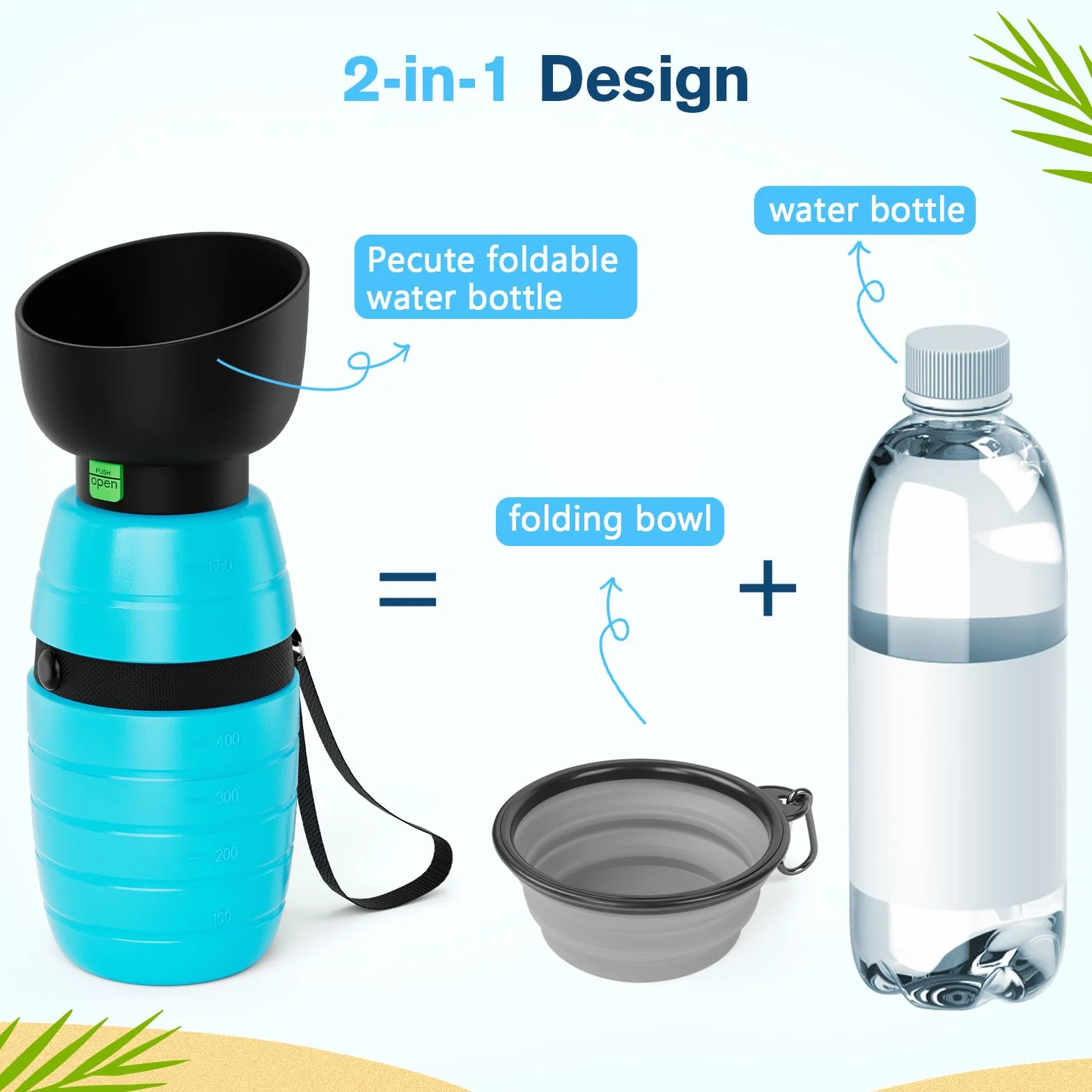 Pecute Botella de Agua para Perros (Azul 500ml) con Cuenco de Agua Plegable Botella de Agua de Silicona de Grado Alimentario para Perros Gatos, 100% Libre de Fugas de Agua