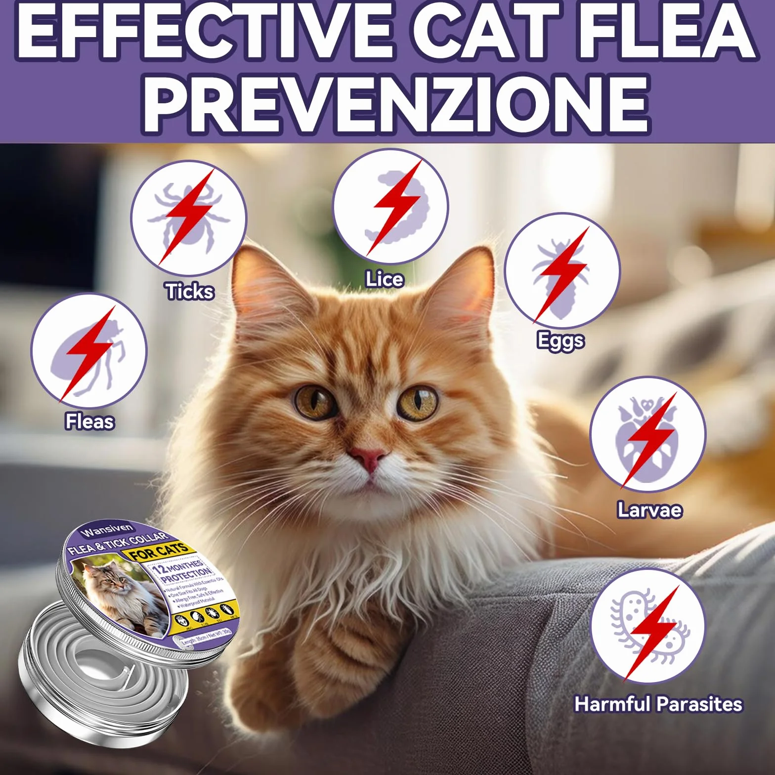 Wansiven Collar Antipulgas para Gatos, Ajustable Collar Antipulgas, Piojos, Pulgas, Parásitos, Adecuado para Gatitos, Gatos Medianos y Grandes 48cm