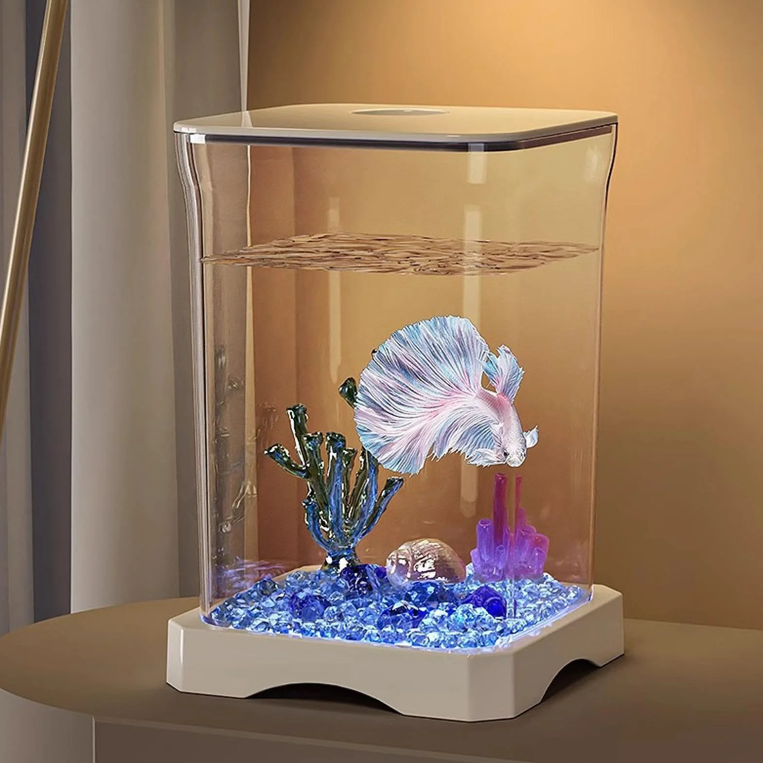 Acuario de Peces Betta, pecera Betta: pequeñas peceras acrílicas con iluminación LED, Cuenco Transparente para Paisaje acuático, Decoraciones de Escritorio para camarones, cangrejos, arañas