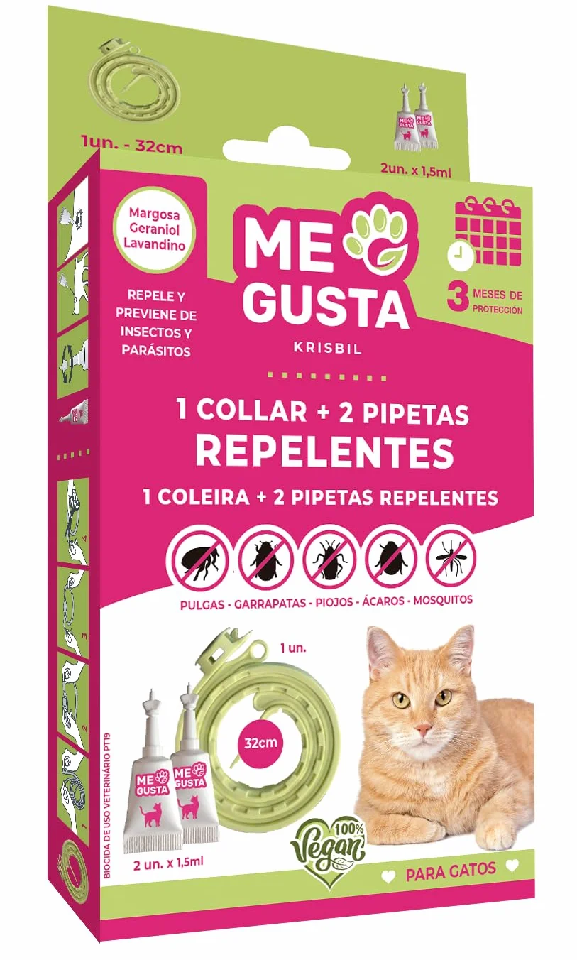 ME Gusta Pack de Collar y Pipetas Repelentes para Gatos | Incluye 1 Collar y 2 pipetas | Repele Todo Tipo de Insectos