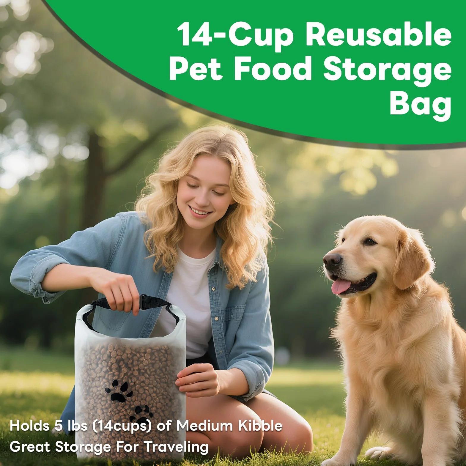 Bolsa de almacenamiento de alimentos para mascotas para viajes, contenedor de comida para perros con cierre enrollable, sin BPA, grado alimenticio, mantiene las croquetas frescas para viajes