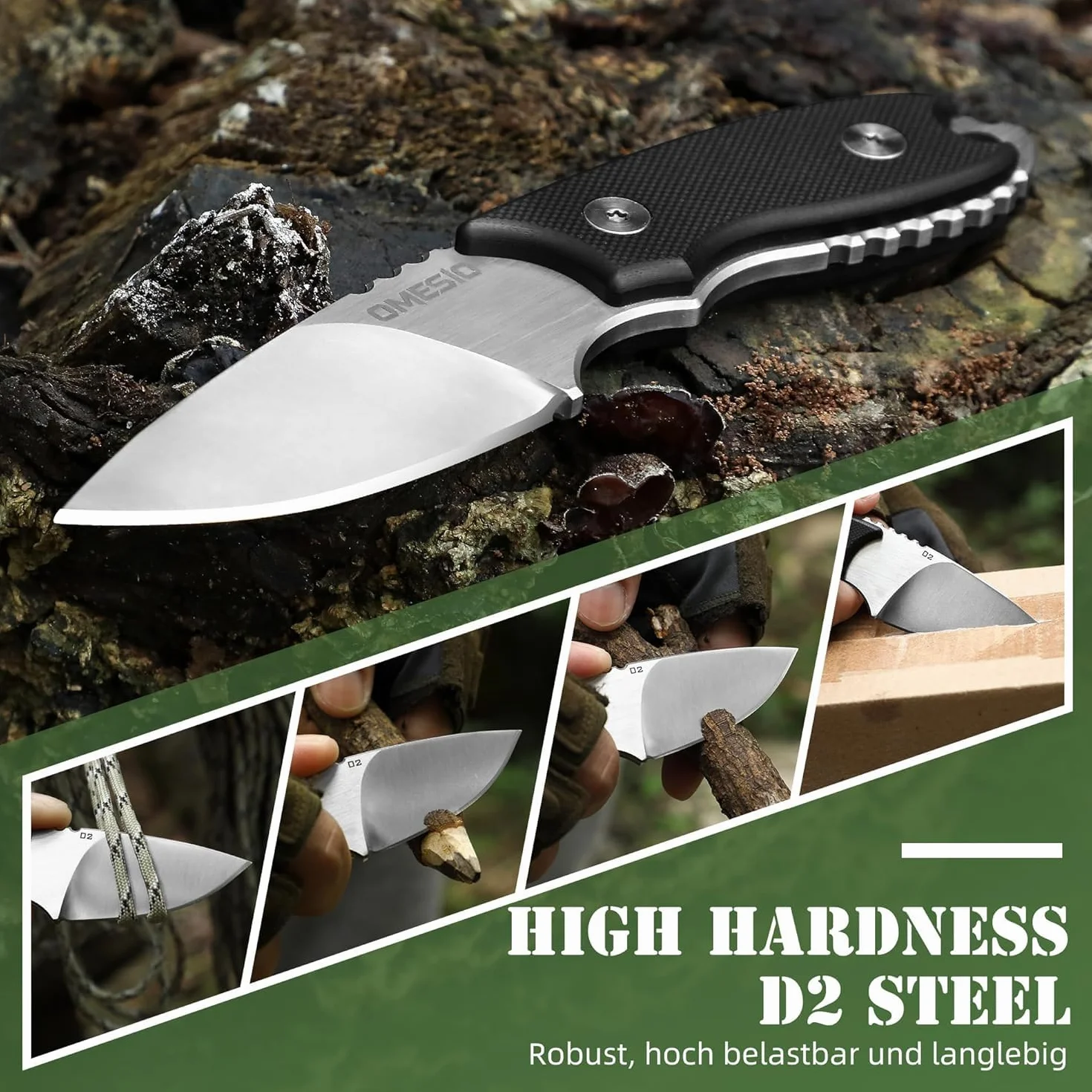 Omesio Cuchillo de cuello D2 acero 5.45 pulgadas con funda y collar
