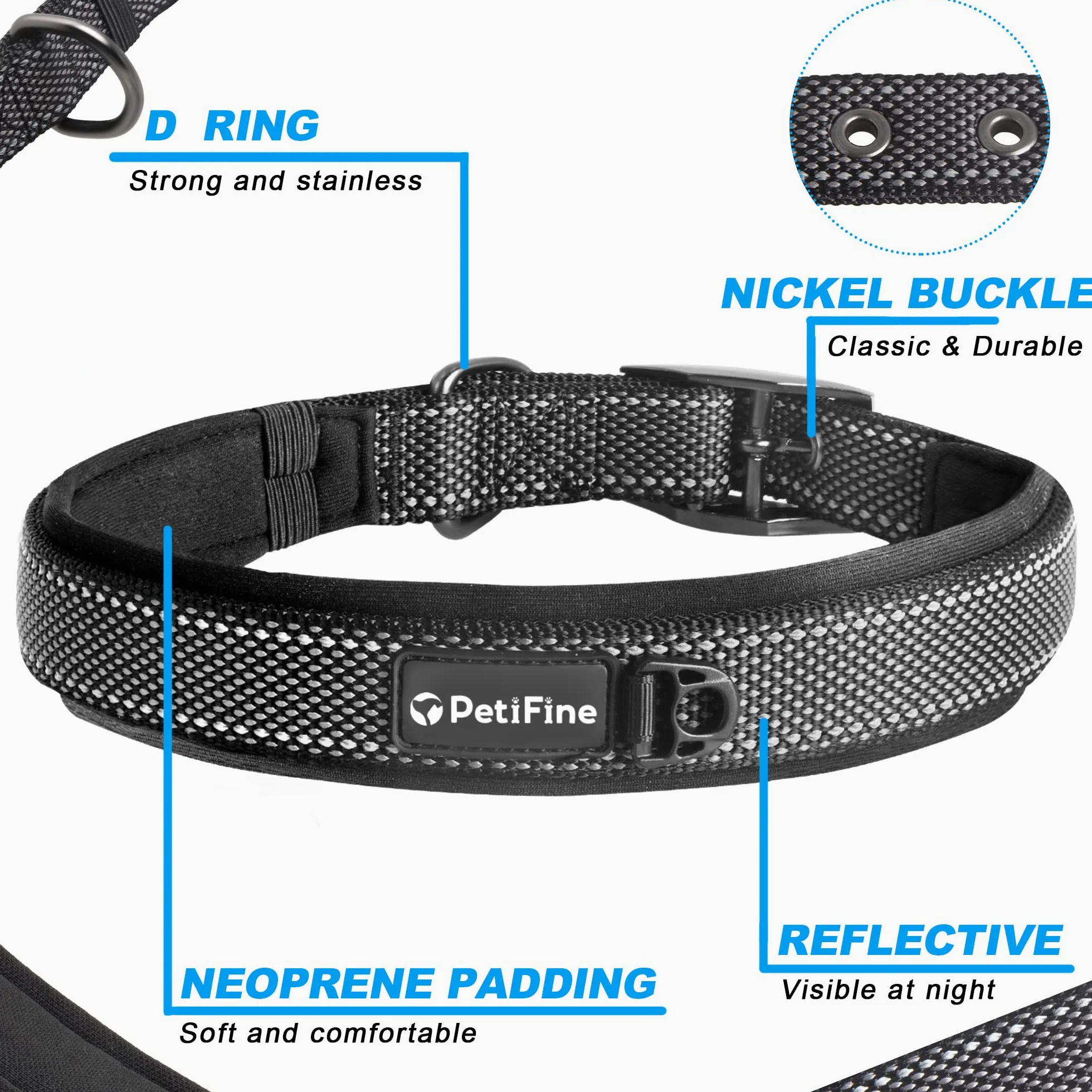 PetiFine Collar de perro resistente para perros medianos, collares de perro con hebilla Nikel reflectante, tamaño conveniente para todas las razas (14.5 a 19 pulgadas, negro)