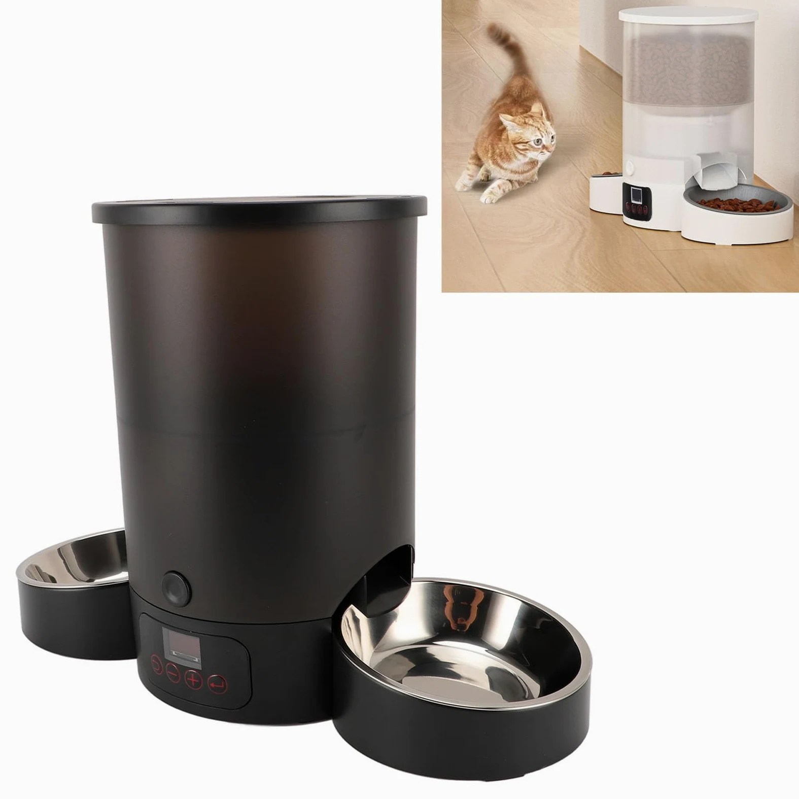 Comedero Automático para Gatos Gran Capacidad Doble Tazón Fácil de Limpiar Dispensador de Alimentos Temporizado para Gatos y Perros Acero Inoxidable 3L (Negro)