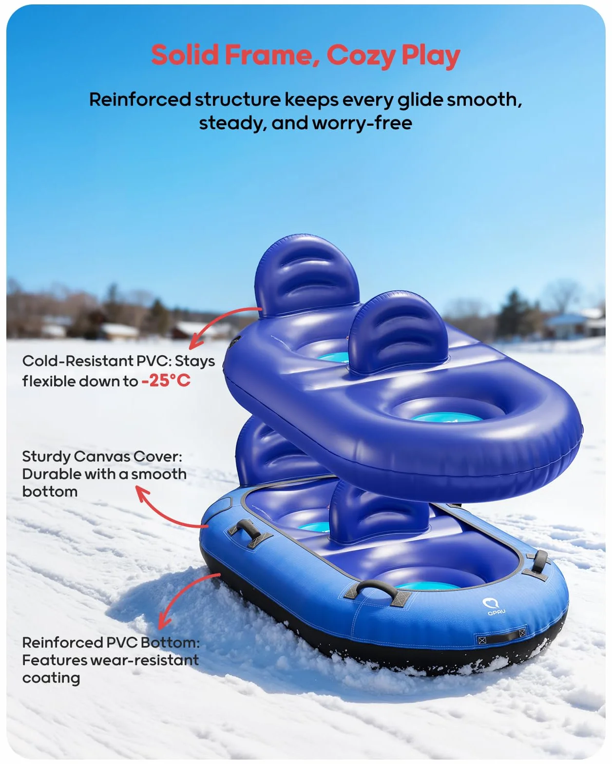Neumático de nieve inflable para niños y adultos con dos respaldos y cuerda de tracción, asas, válvulas de soplado rápido (azul)