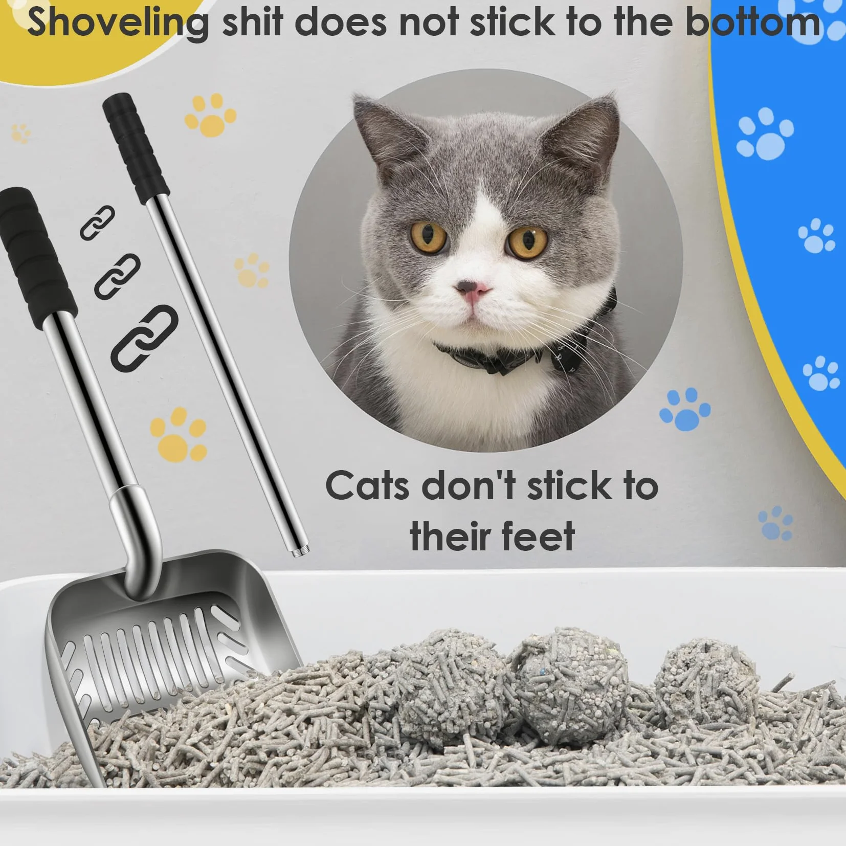 Pala de arena de metal para gatos, pala profunda de acero inoxidable, tamiz antiadherente, agarre acolchado de espuma para uso intensivo