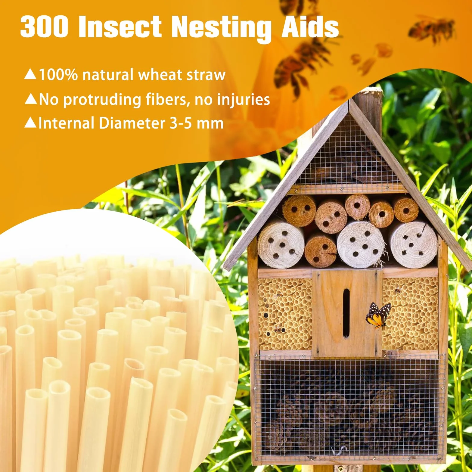 Kit Hotel de Insectos 300 Piezas - Pajitas de Trigo Tubos Nidos 14.5 cm para Abejas, Mariposas y Otros