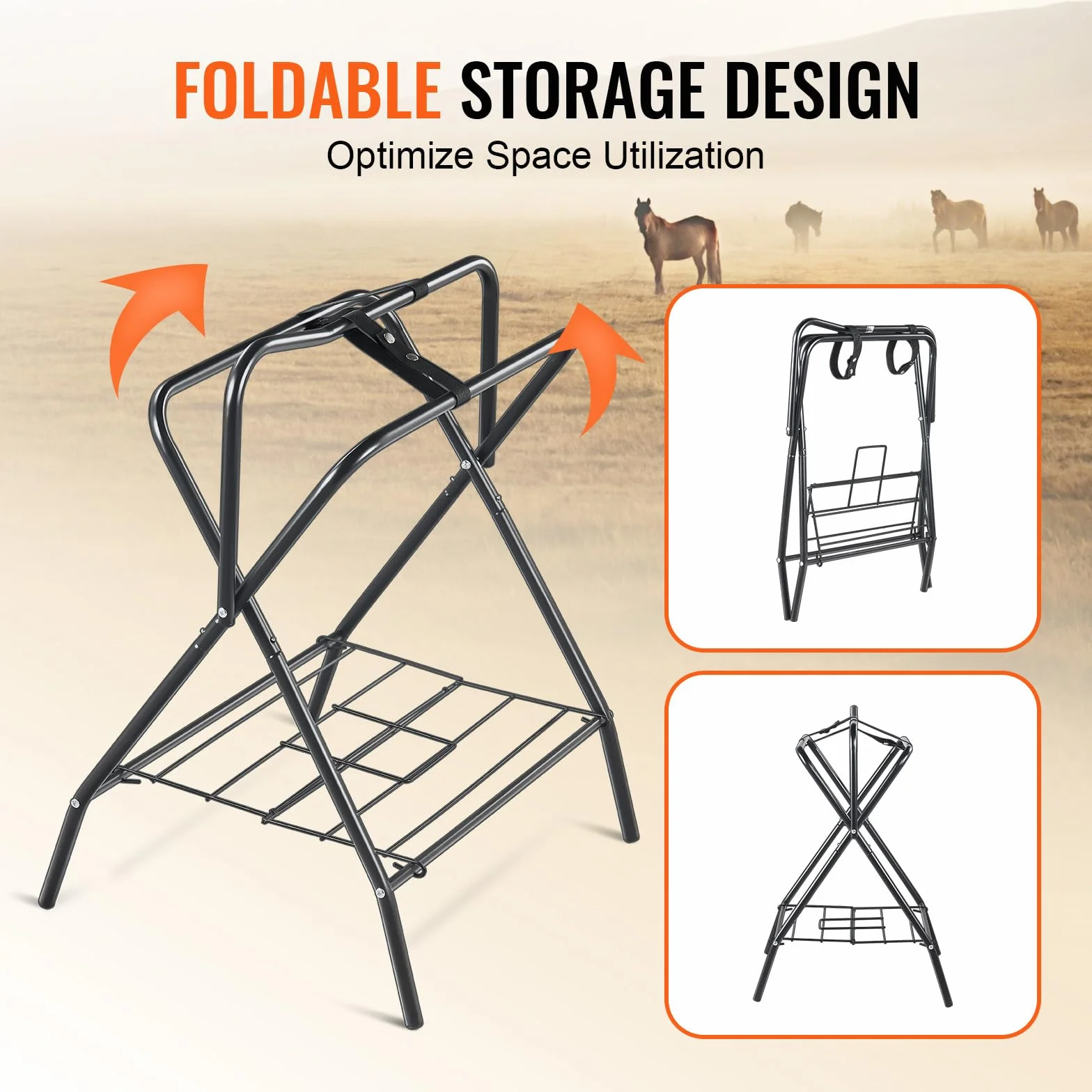 VEVOR Soporte Plegable para Sillín de Caballo de 71 x 48 x 95 cm, Soporte Independiente para Mantas de Caballo Carga de 60 kg, Soporte de Acero Resistente para Sillín Inglés y Occidental, Negro