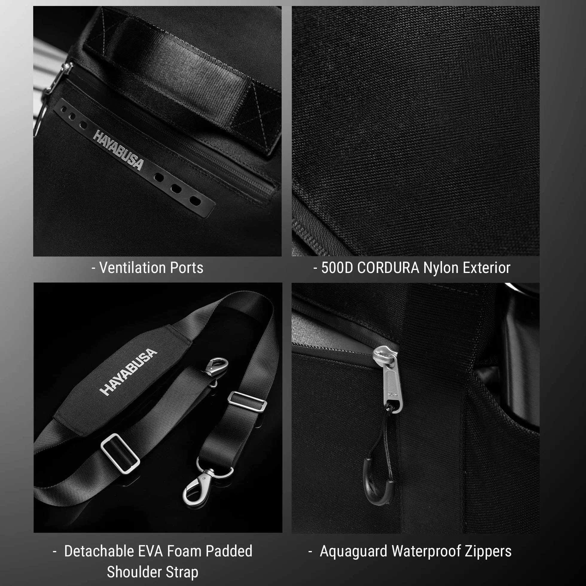 Hayabusa Airstream Bolsa de gimnasio negra 50 l 7 bolsillos con cremallera para viajes boxeo MMA BJJ kickboxing