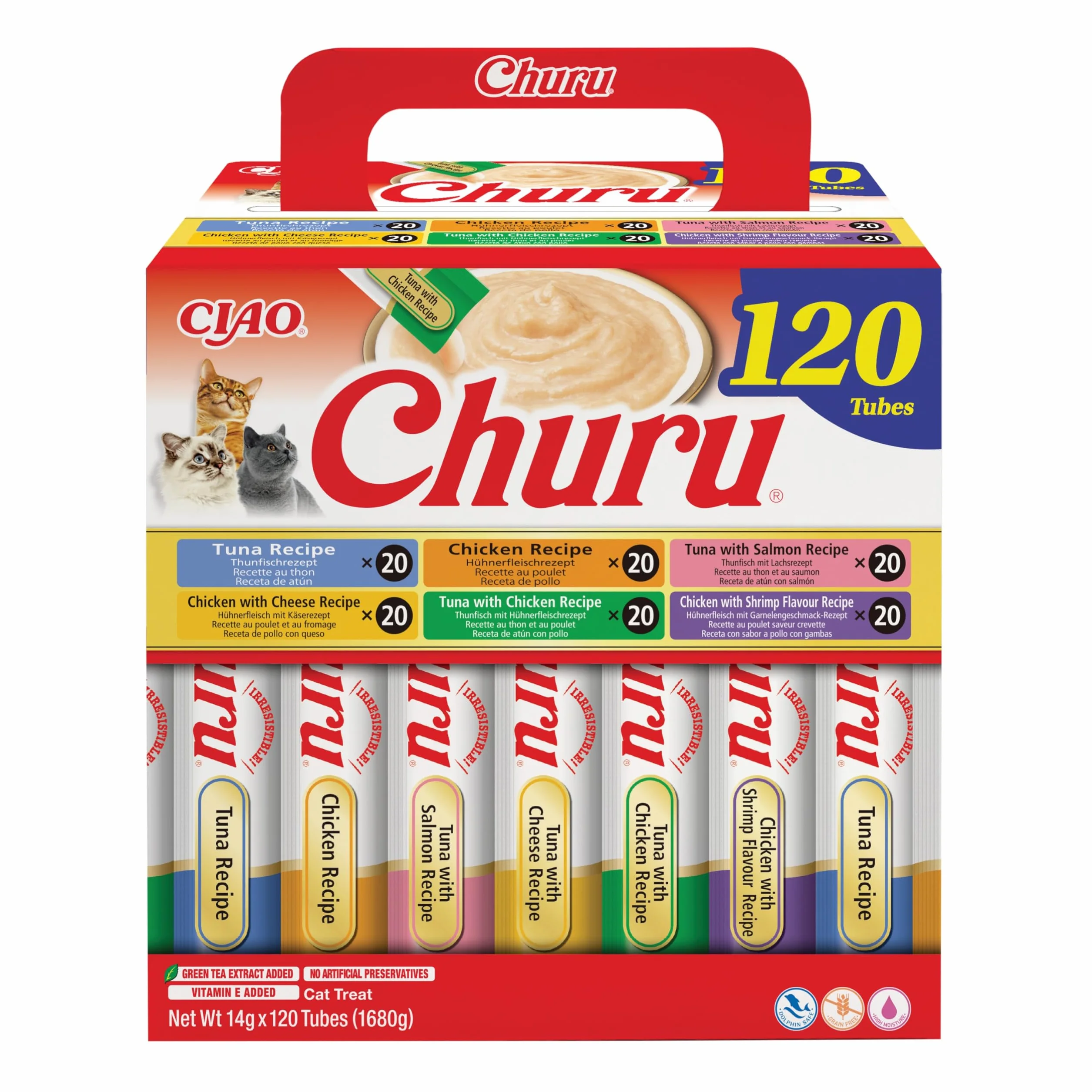 INABA Churu Gatos - 6 Recetas de Snacks Saludables a Base de Atún y Pollo - Deliciosos Premios con Textura Suave y Cremosa - Natural, Sin Cereales, Sin Colorantes - 1,68kg (120 Tubos x 14g)