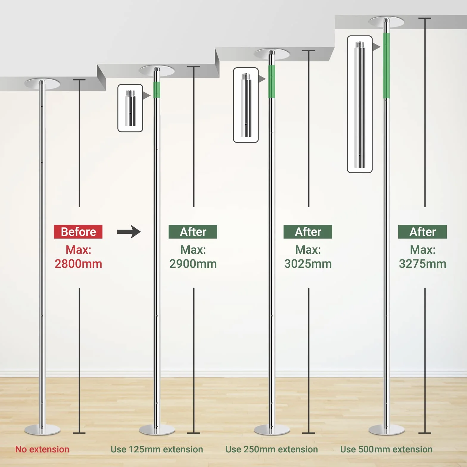 Leogreen 500mm Extensión de Barra de Baile, Tubo de Extensión para Pole Dance Profesional 45mm