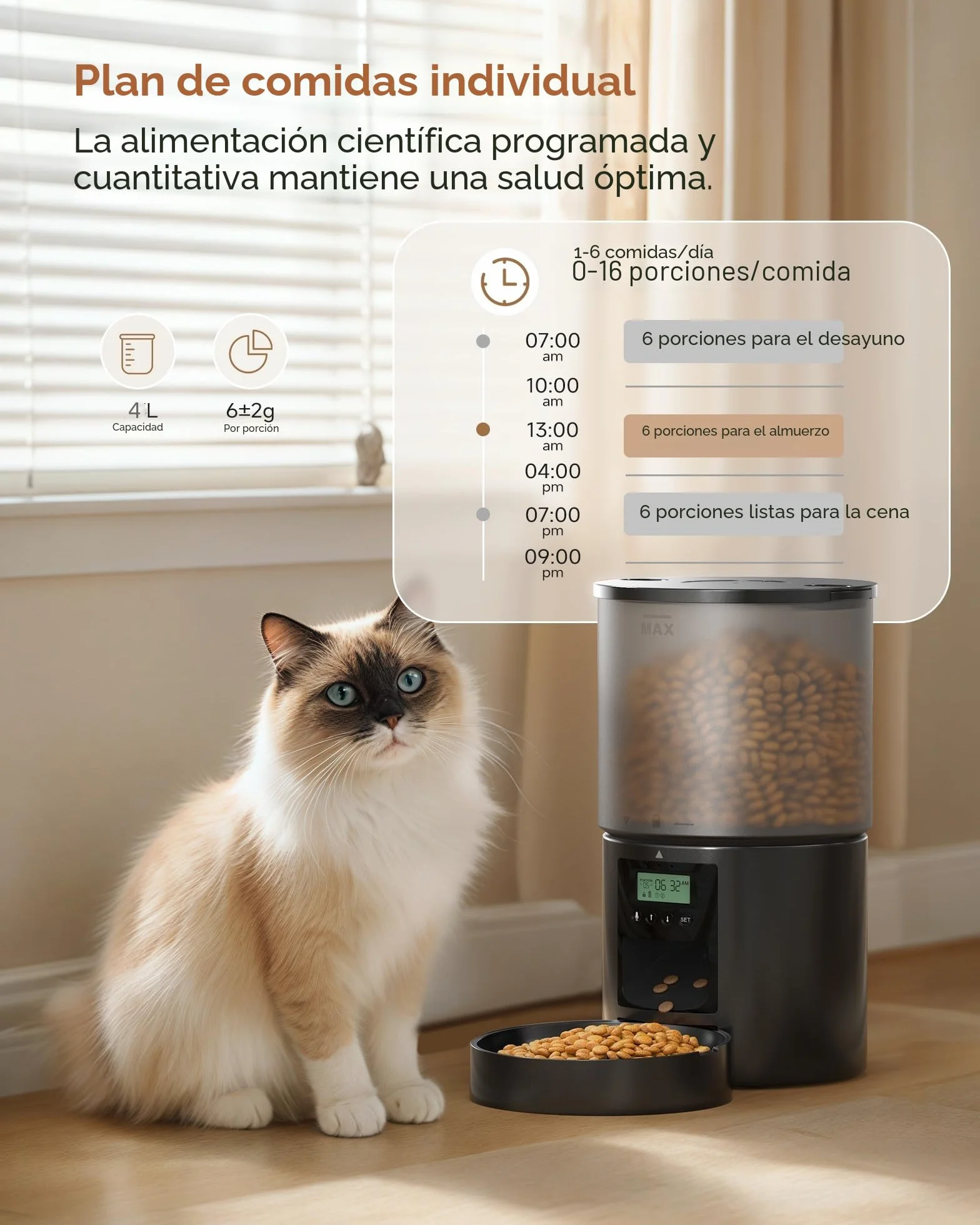 Comedero Gato Automatico Dispensador Comida: Pet Food Feeder con Temporizador Programable - 1-6 Comidas al DíA - Comedero con Presione la Tapa y Función de Grabación 10s - 4L Negro