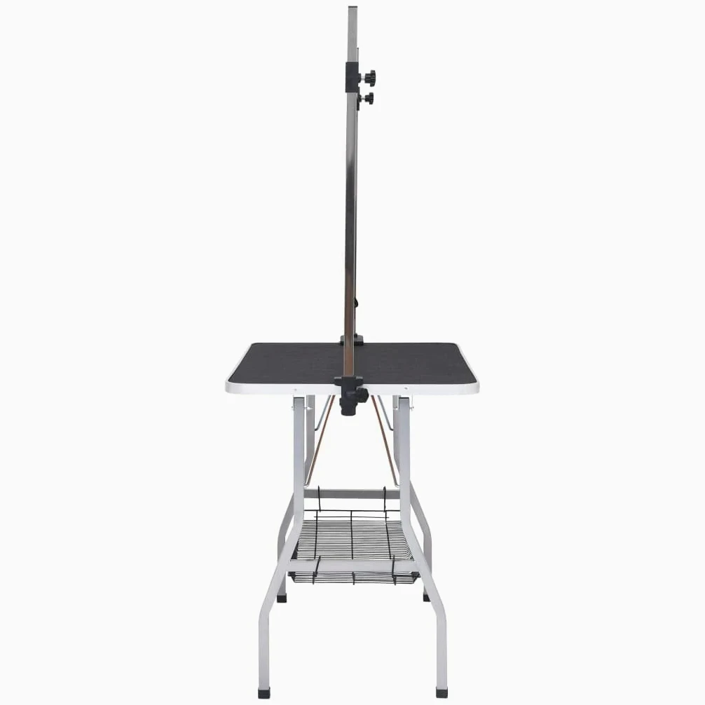 Mesa de corte ajustable para perros y gatos con 2 trabillas, cesta plegable, superficie antideslizante, horca de altura ajustable, patas de acero, ideal para el aseo y el corte