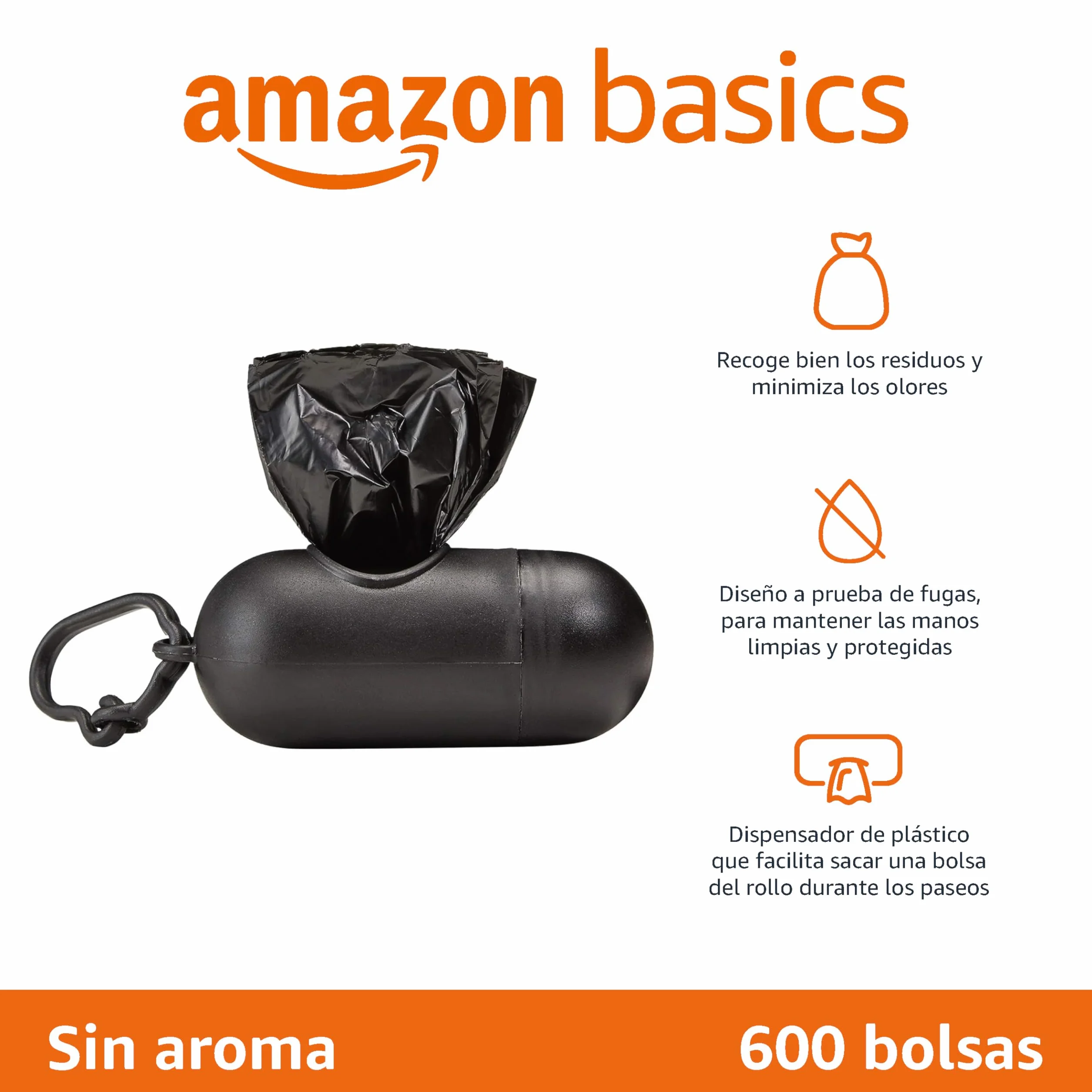 Amazon Basics Bolsas de basura para perros sin perfume 600 bolsas dispensador clip correa