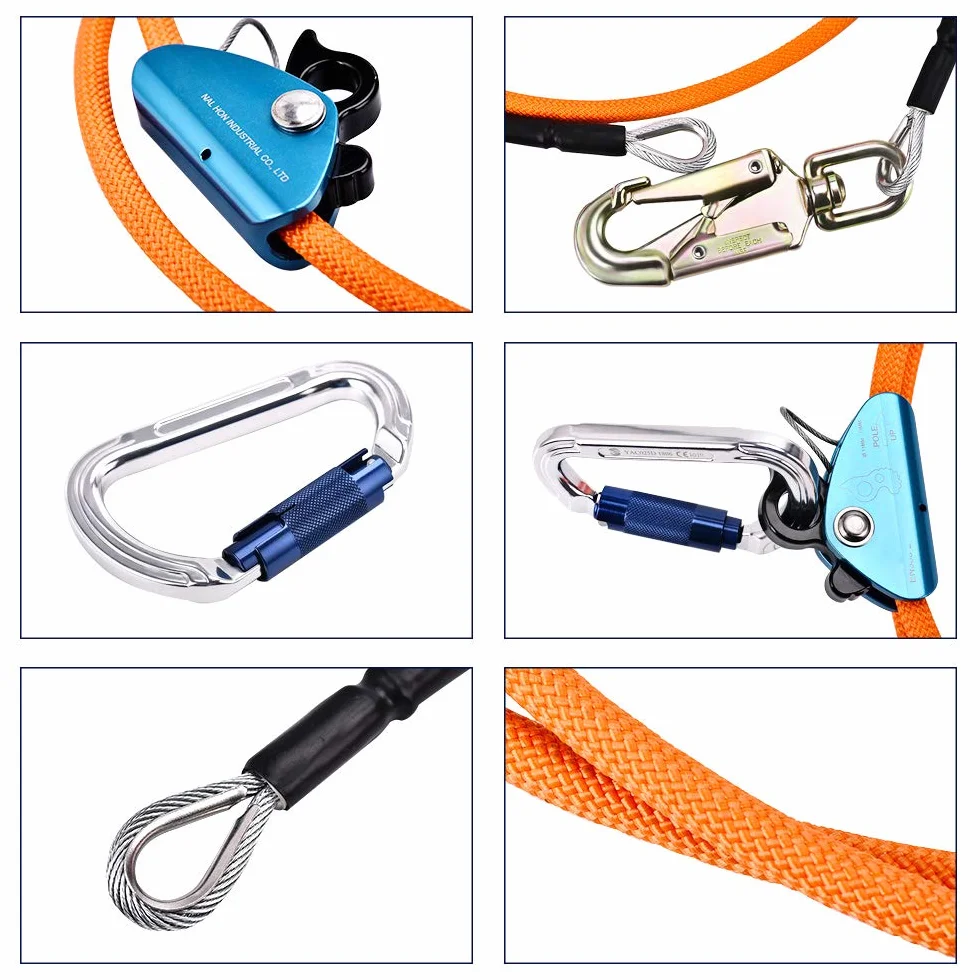 Cuerda de Seguridad de 12 mm * 3 m, Resistente a Cortes, Estiramiento Bajo, con Mosquetón de Triple Bloqueo