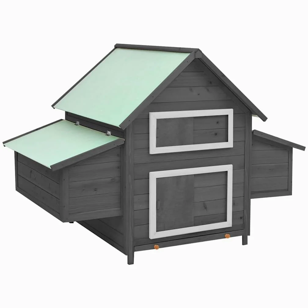Gallinero de madera maciza de abeto, gallinero con 2 cajas nido y ventanas, gallinero para gallinas con bandeja extraíble para el suelo, gallinero 150 x 96 x 110 cm, gris y blanco