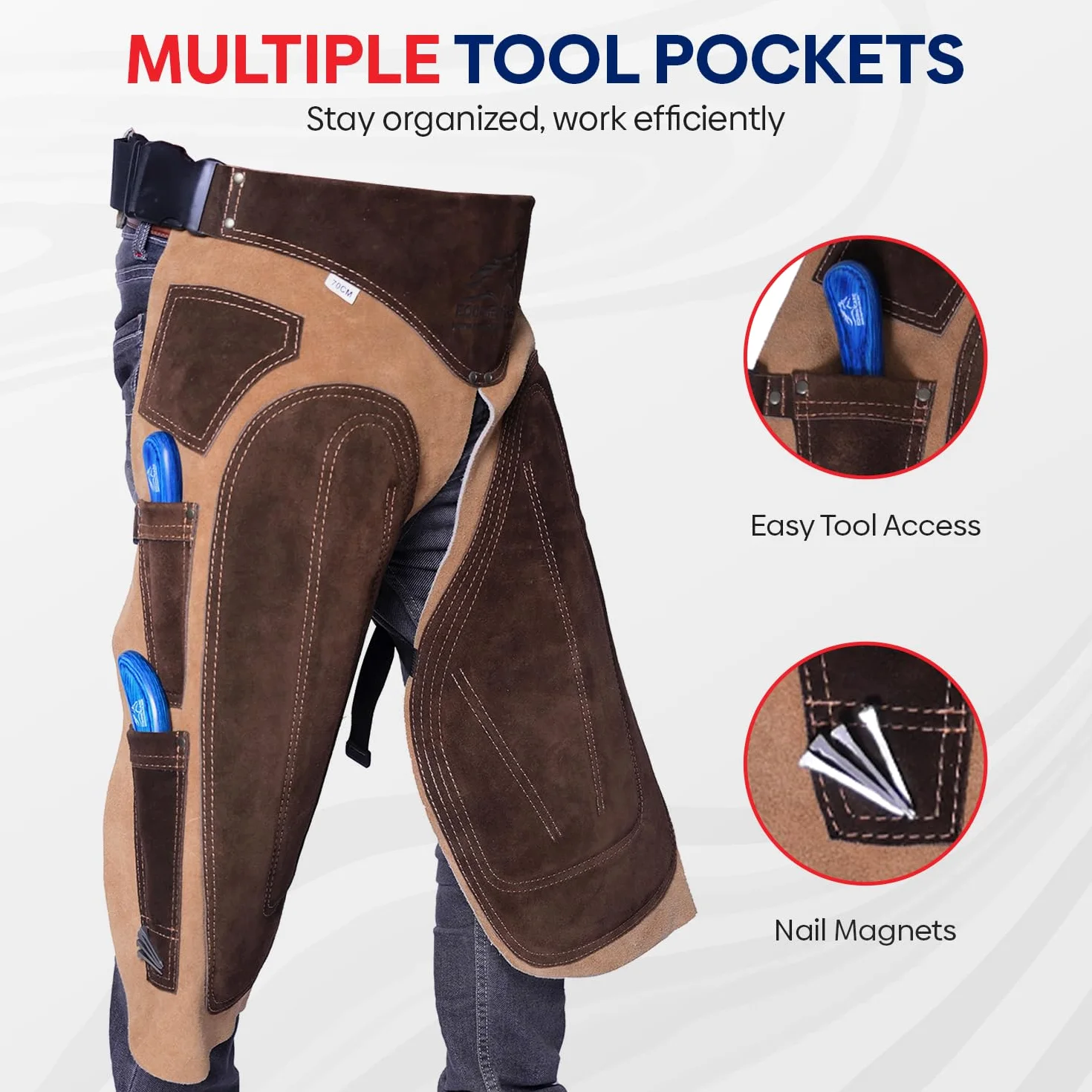 Equine Care Delantal Farrier – Cuero de gamuza de vaca de 25 pulgadas, soporte trasero, 4 bolsillos para cuchillos de pezuña, 2 imanes de uñas, cintura ajustable de 28 a 52 pulgadas, rodilleras,