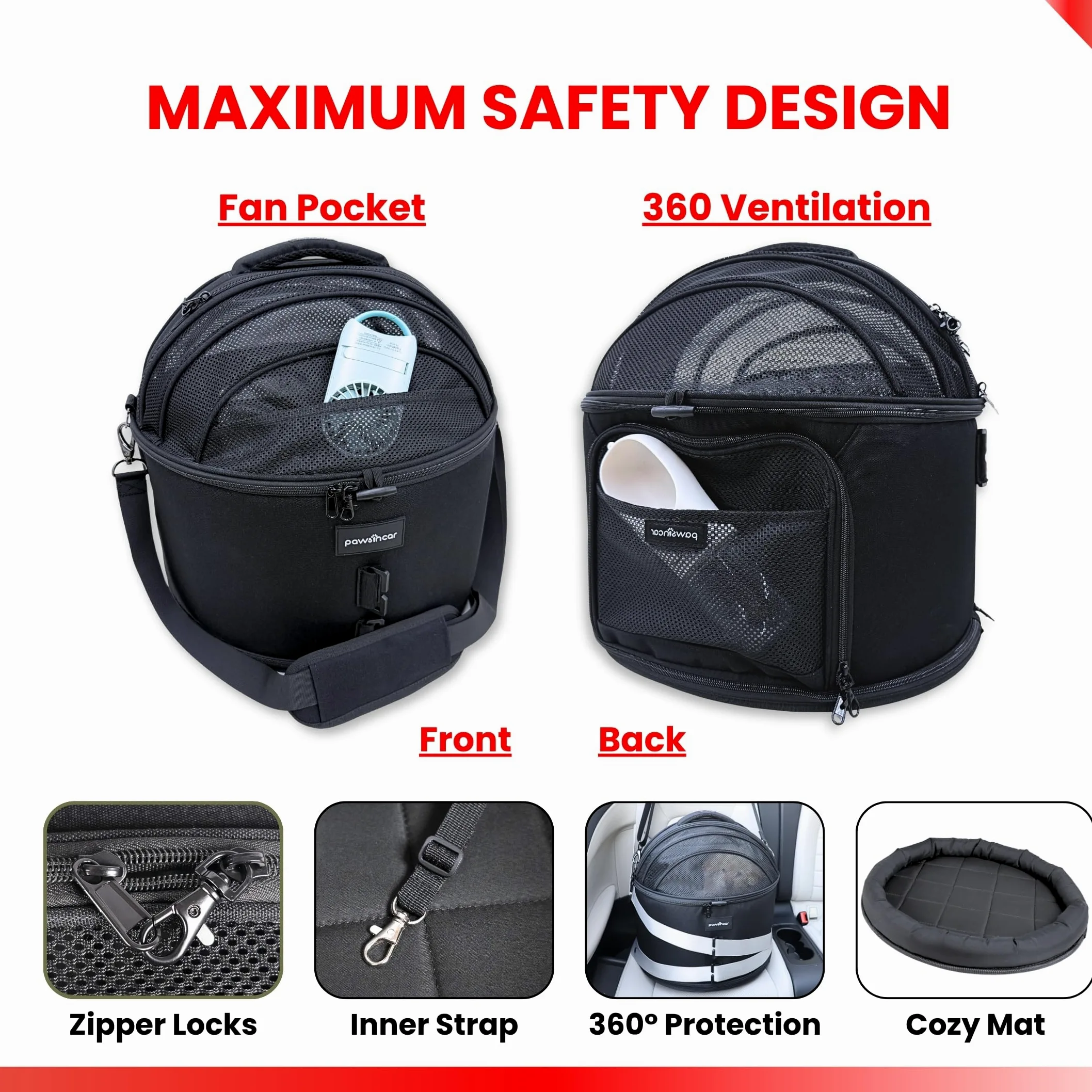 Asiento de coche portátil 3 en 1 para perros pequeños, cama para gatos y transportador de mascotas, certificado CPS para protección contra choques y viajes seguros (negro)