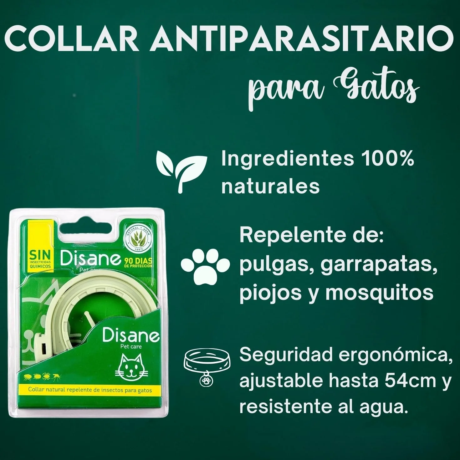 DISANE Collar Antiparasitario para Gatos 100% Natural | 3 Meses de Protección Contra Insectos y Parásitos: Repelente de Pulgas, Garrapatas y Mosquitos | Collar Antipulgas Gato Adulto y Cachorro