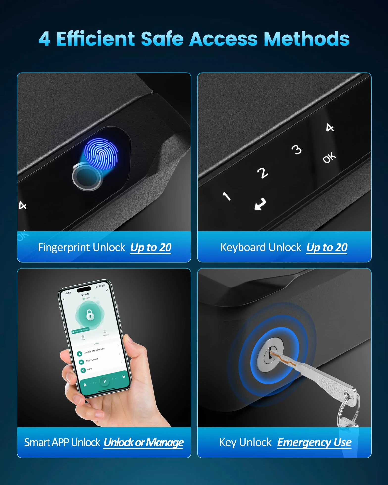 BOOSTEADY Caja fuerte biométrica inteligente para pistolas acceso rápido huella dactilar teclado digital llave app
