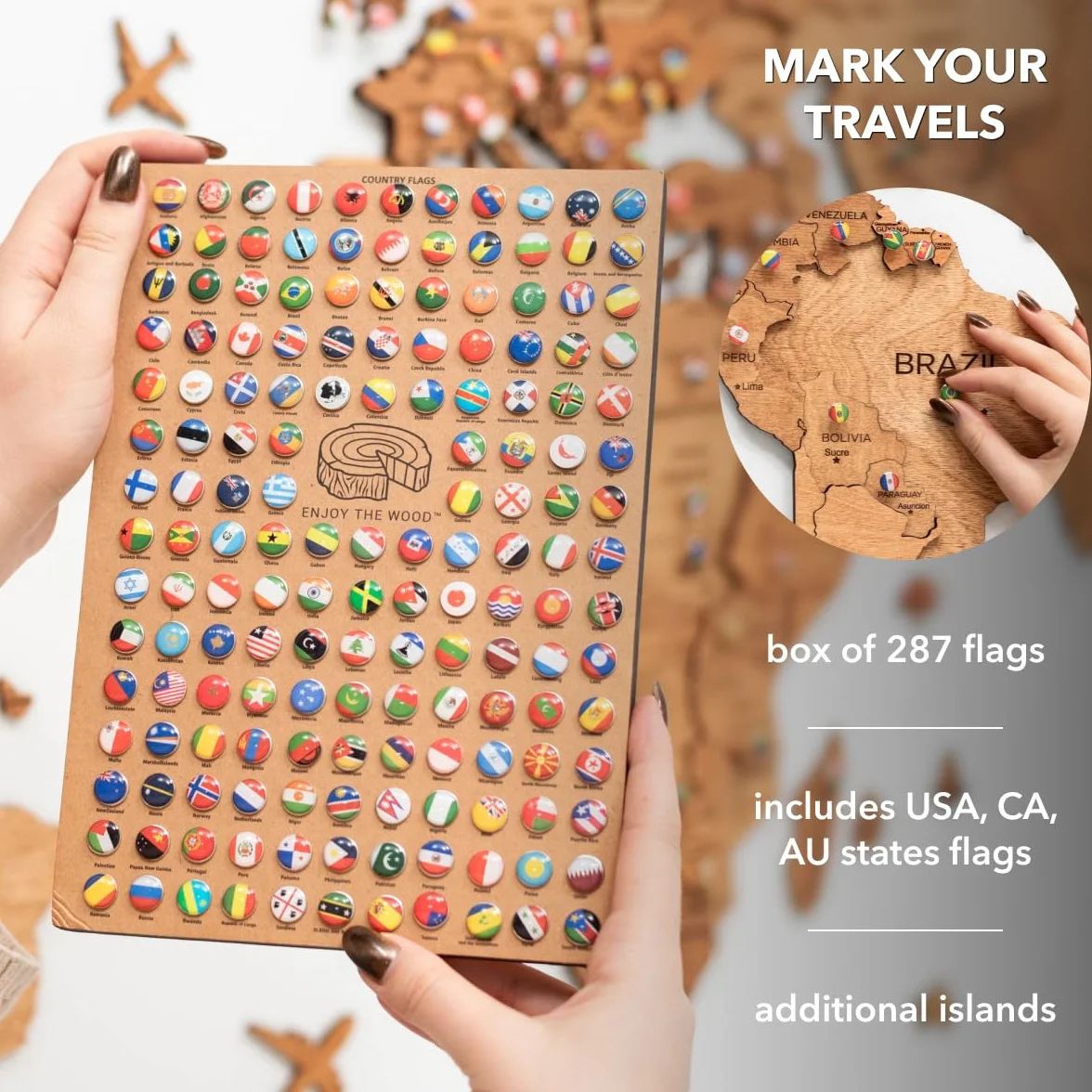 Mapa Mundial de Madera 3D Arte de Pared Decoración de Pared para Regalo de Inauguración de Casa (L, Oak)