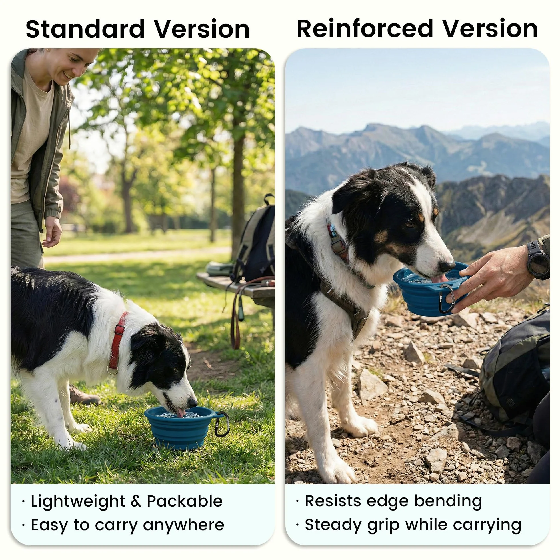 OHMO Bebedero Perro Portátil con Anillo de Acero Inoxidable Integrado (800ml, Azul Pavo Real), Cuenco Plegable de Agua de Silicona para Perros Medianos y Grandes, Cuencos Portátiles de Viaje Plegables
