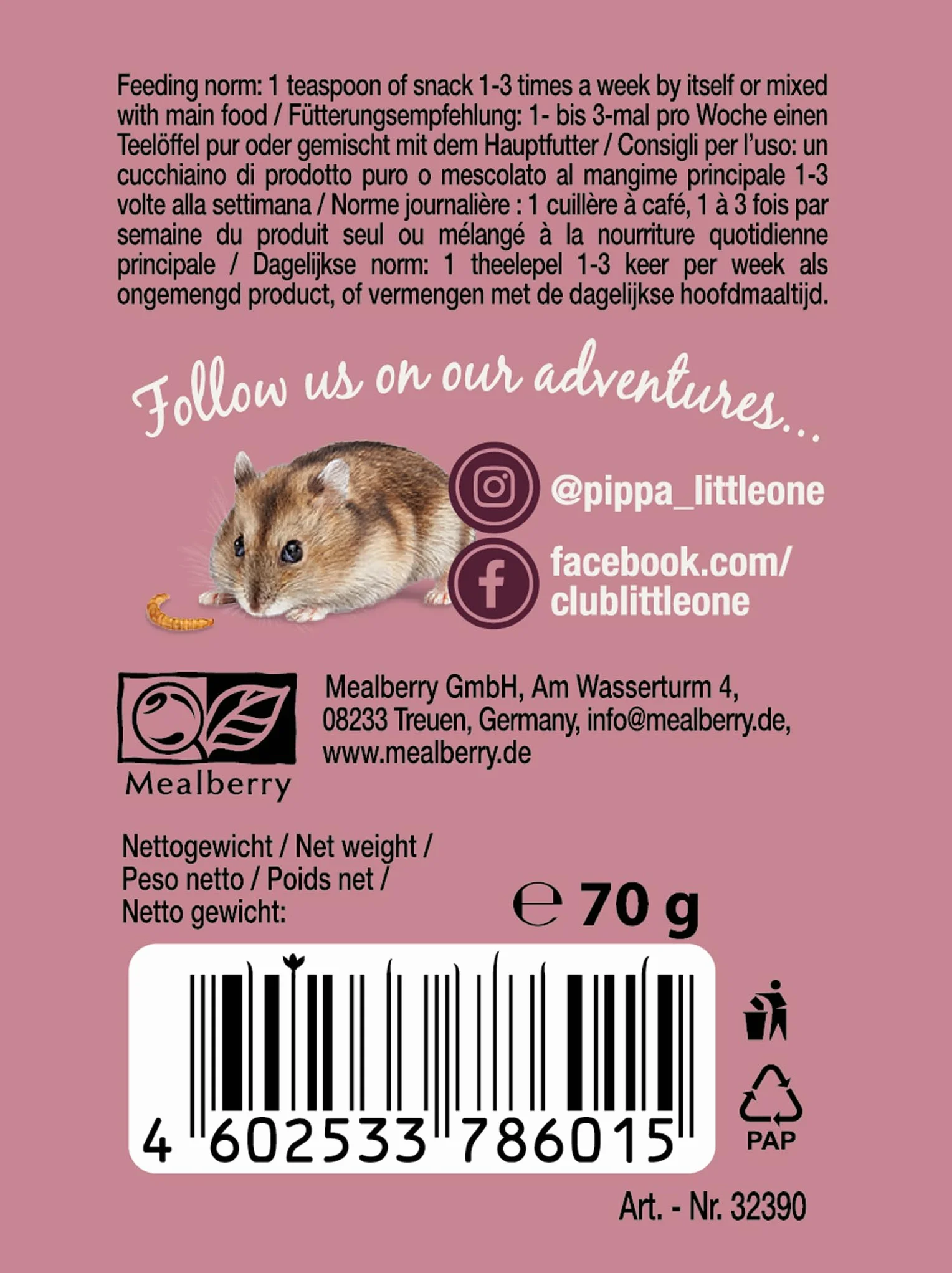 Little One Gusanos de Harina | 70 g | Suplemento Alimenticio para Hámsters, Ratas, Ratones y Erizos | para Apoyar el Bienestar | Alto Contenido de Proteínas para Instintos Naturales