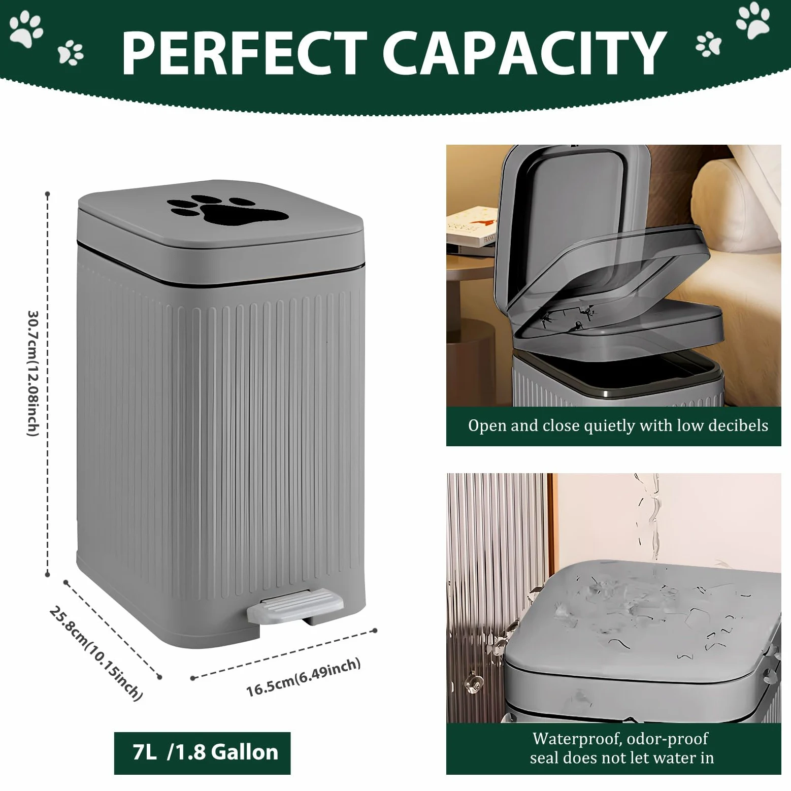 Cubo de basura para excrementos de perro en el exterior, cubo de 5 litros con tapa, pedal de pie, contenedor de residuos para perros con 40 bolsas, tapa de cierre suave para mascotas (cubo