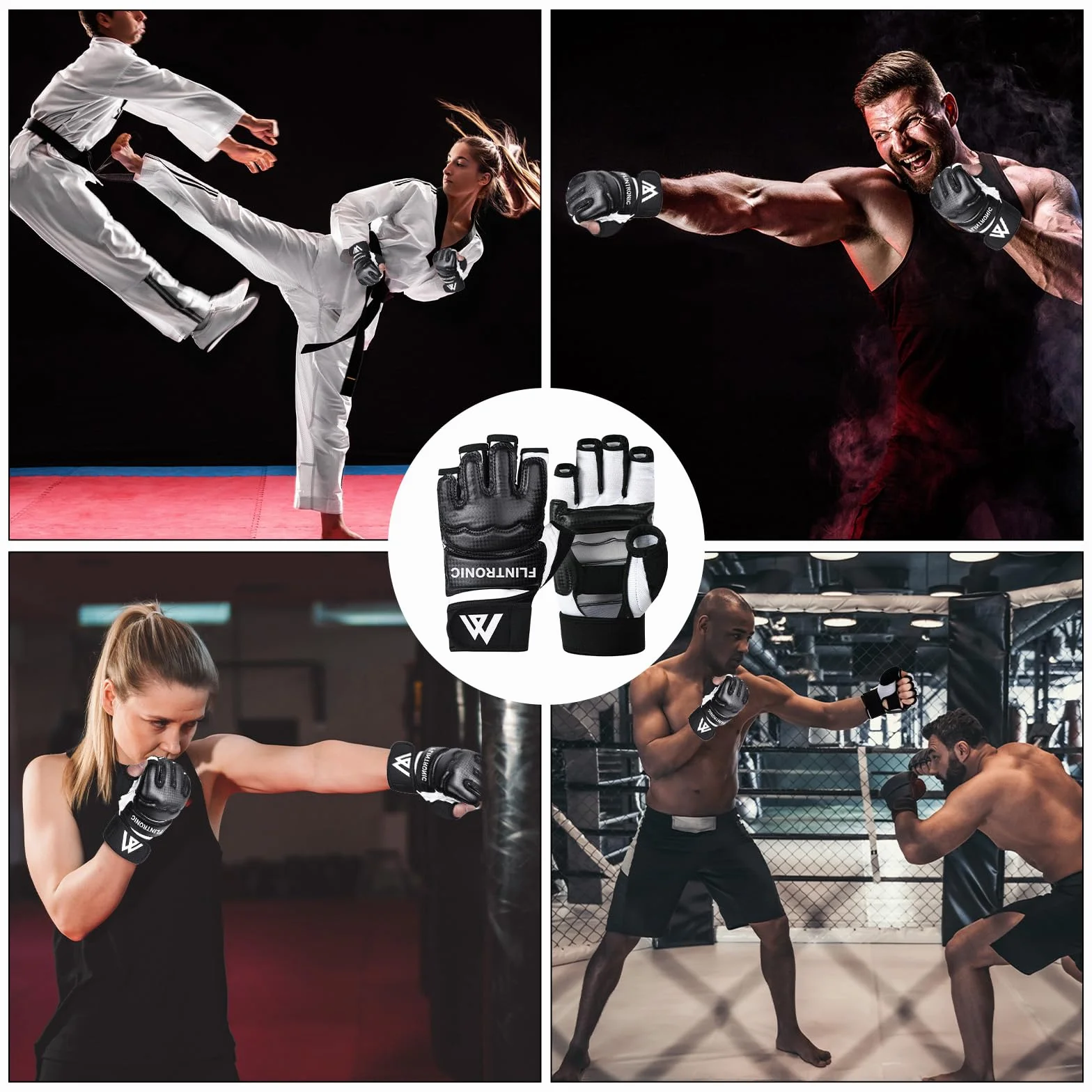 Flintronic Guantes MMA Entrenamiento Cuero Grappling Ventilada Palma para Muay Thai Kick Boxing