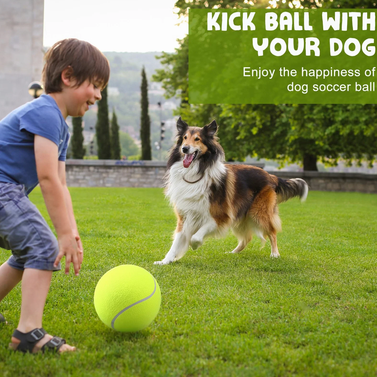 Blueweenly Paquete de 4 pelotas de tenis inflables grandes de 9.5 pulgadas para perros con 4 pelotas de tenis chirriantes de 2.5 pulgadas, pelota interactiva para lanzar y buscar pelota para perros