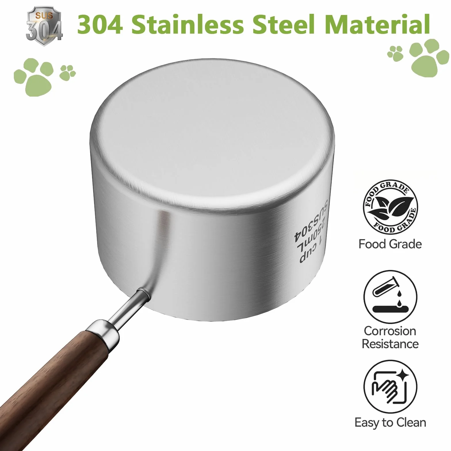 Cuchara de comida para perros y gatos, 1 taza, taza medidora de acero inoxidable 304 con mango largo de madera, cuchara duradera para perros, gatos, conejos, fácil de limpiar con marcas de