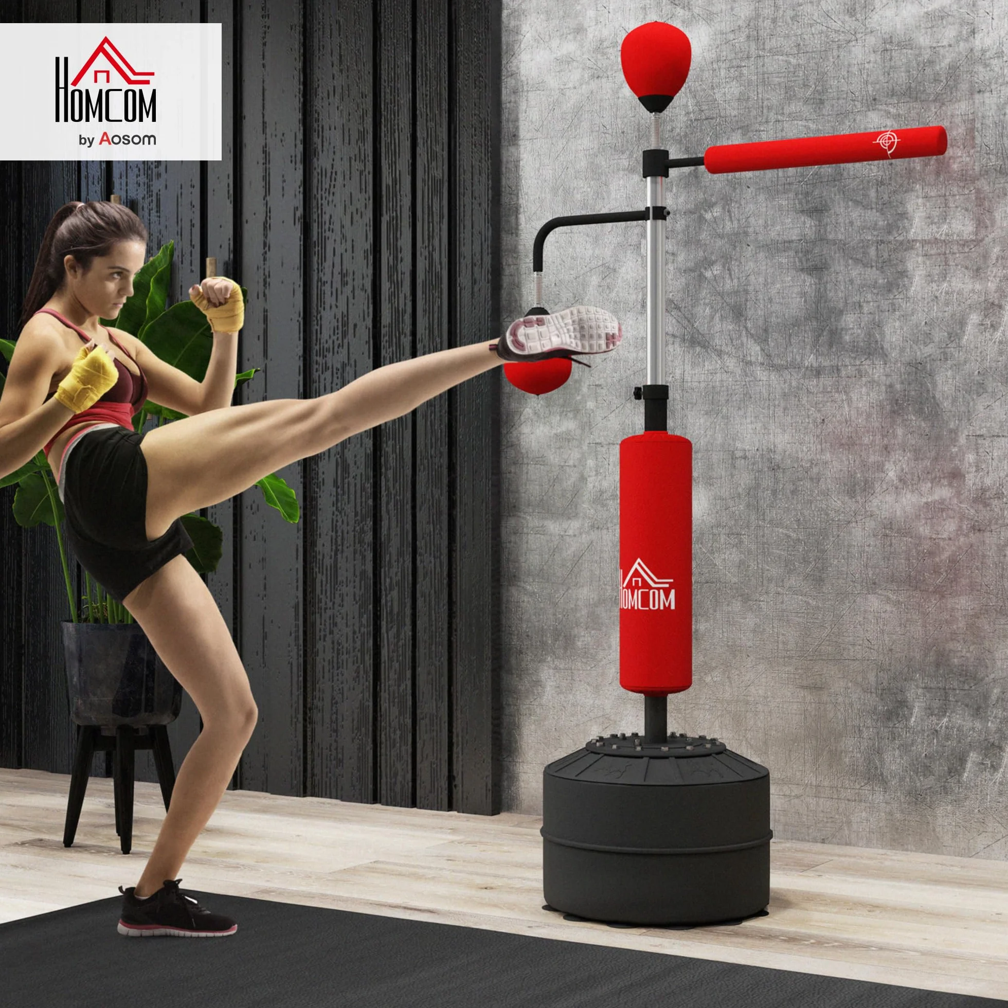 HOMCOM Saco de Boxeo de Pie 160-230 cm 360° Barra Giratoria 2 Bolas de Velocidad Base Rellenable Punching Ball Adultos Niños MMA Muay Thai