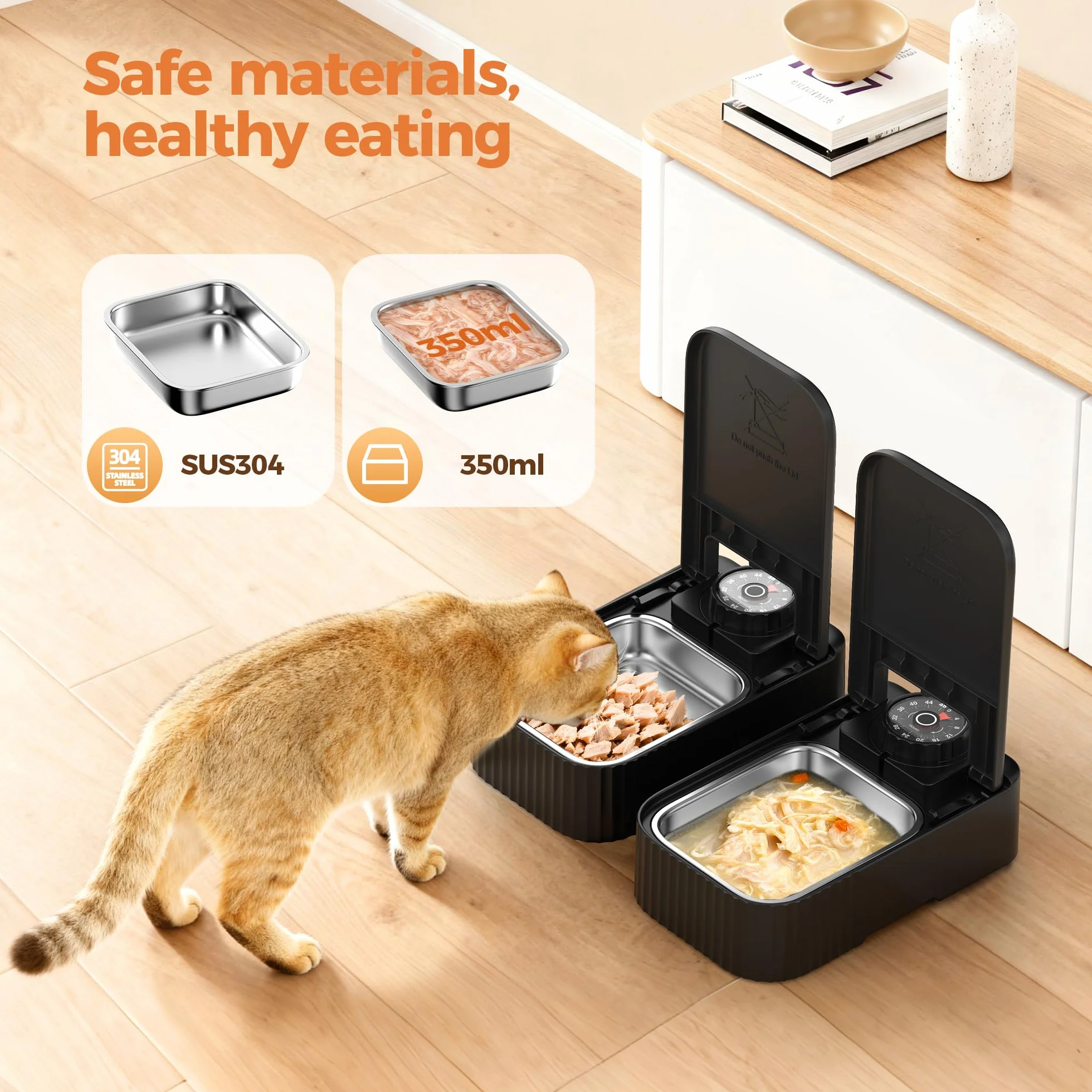 Comedero Gato Automatico Comida Humeda: Dispensador Comida Gatos 48H Programable - Comedero Automatico Perros con Acero Inoxidable Bol - 350g por Bol - Dosificador Alimentador Perro Refrigerado