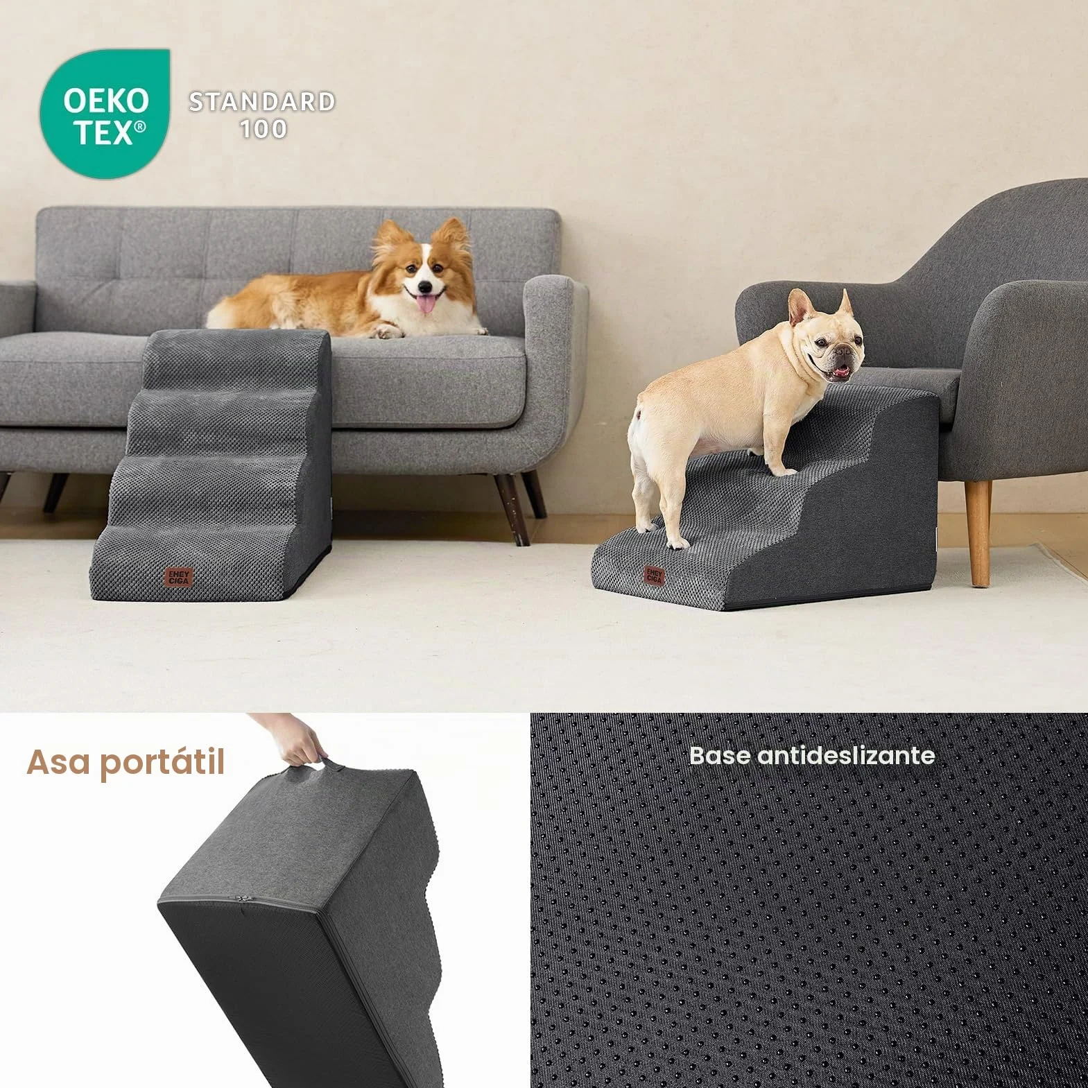 EHEYCIGA Escalera para Perros Pequeños 3 Peldaños, 40x57x40 cm, Rampa para Perros de Espuma para Cama, Escalera para Mascotas Mayores con Funda Lavable y y Fondo Antideslizante, Gris