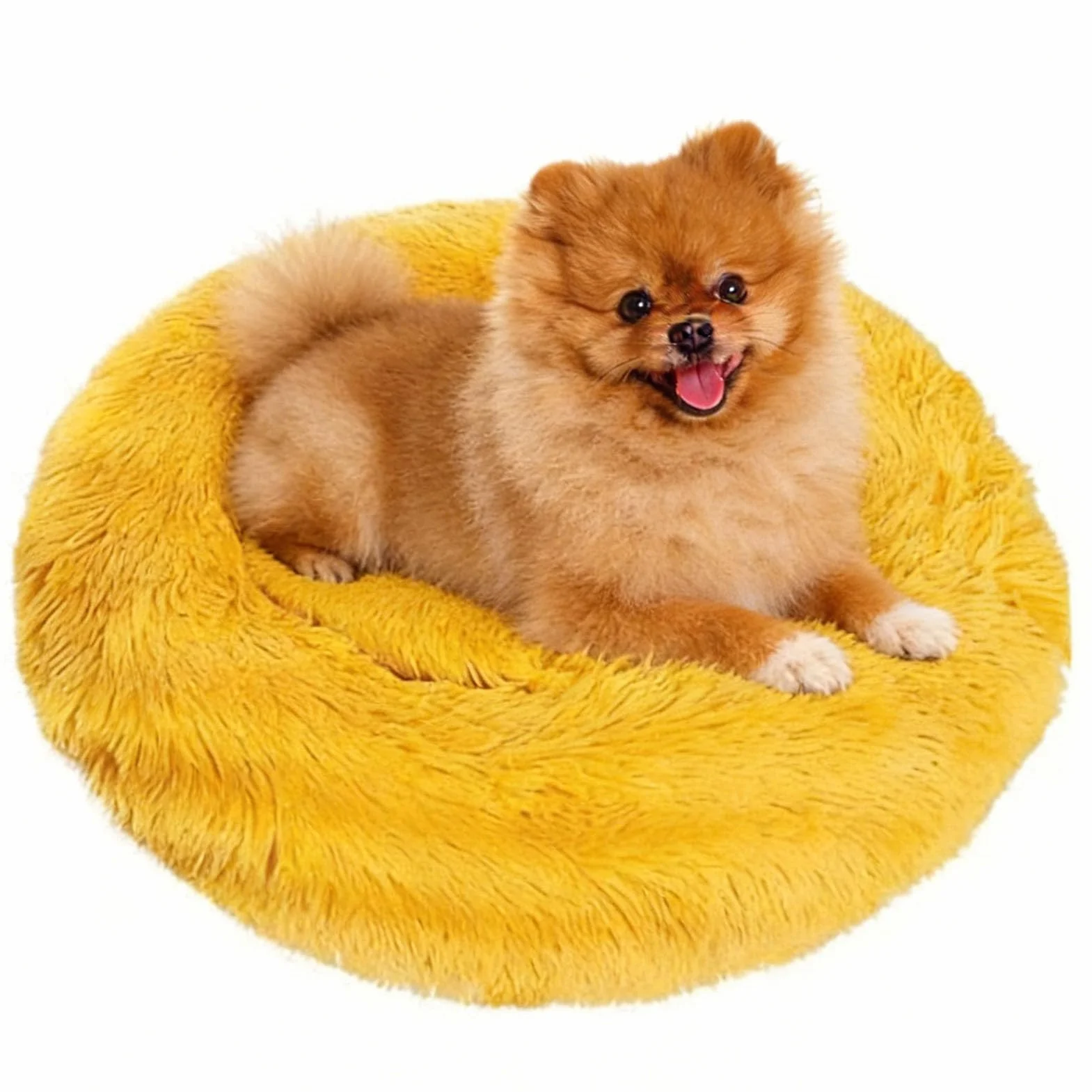 Cama Amarilla para Perros y Gatos 60 cm, Cama Redonda Tipo Donut para Mascotas, Perros Pequeños y Medianos, Felpa Suave de Pelo Largo, Funda Extraíble Lavable, Base Antideslizante para Casa
