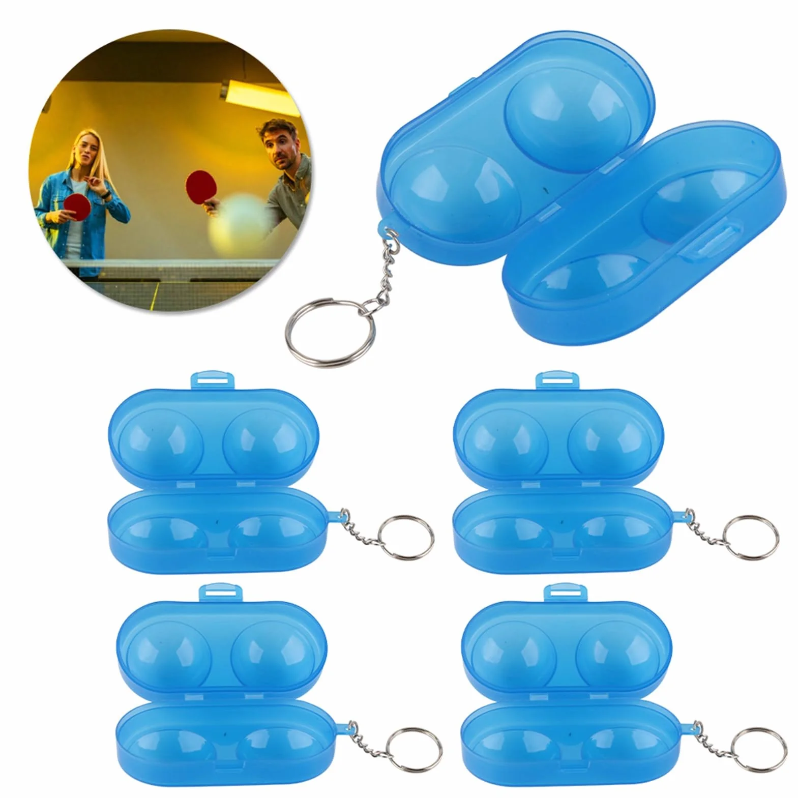 Caja de almacenamiento de pelotas de tenis de mesa portátil de plástico con cadena 5 piezas Azul transparente