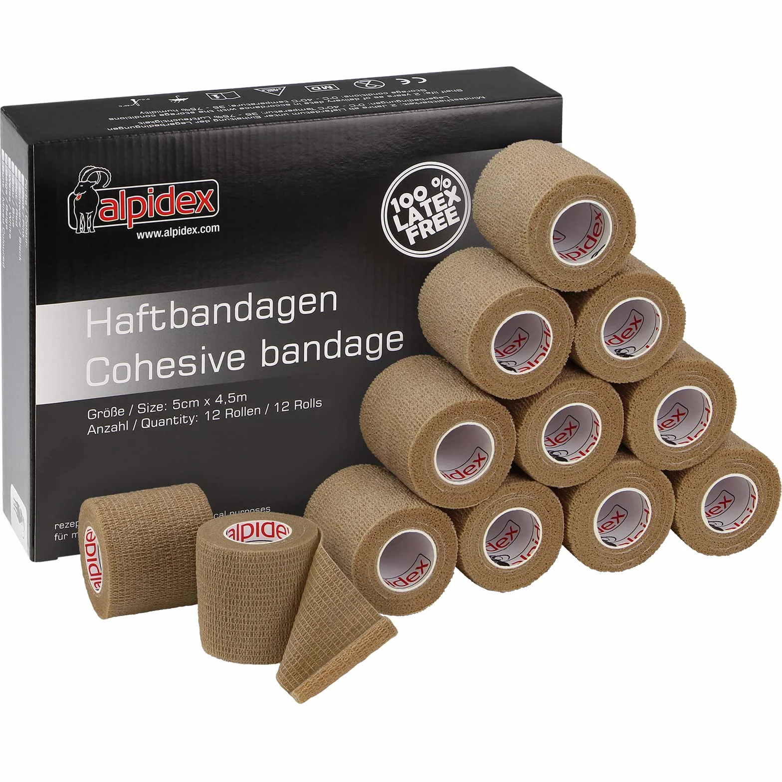 ALPIDEX 12 Rollos Venda Adhesiva 5 cm x 4,5 m Venda Cohesiva Envoltura Tape Deportiva Bendaje Autoadhesiva Mano Rodillas Tobillo Vet Wrap Perro Gato Caballo, Color:beige