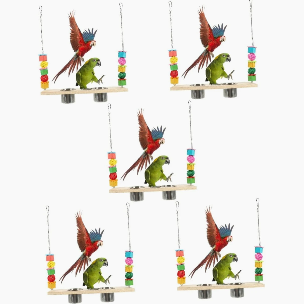 minkissy 5 piezas de juguete de búsqueda de loro, perca de pollito, columpio de loro con taza de comida, juguete de mordida de loro, juguetes de pájaros para cacatúas, perchas, juguete de loro,
