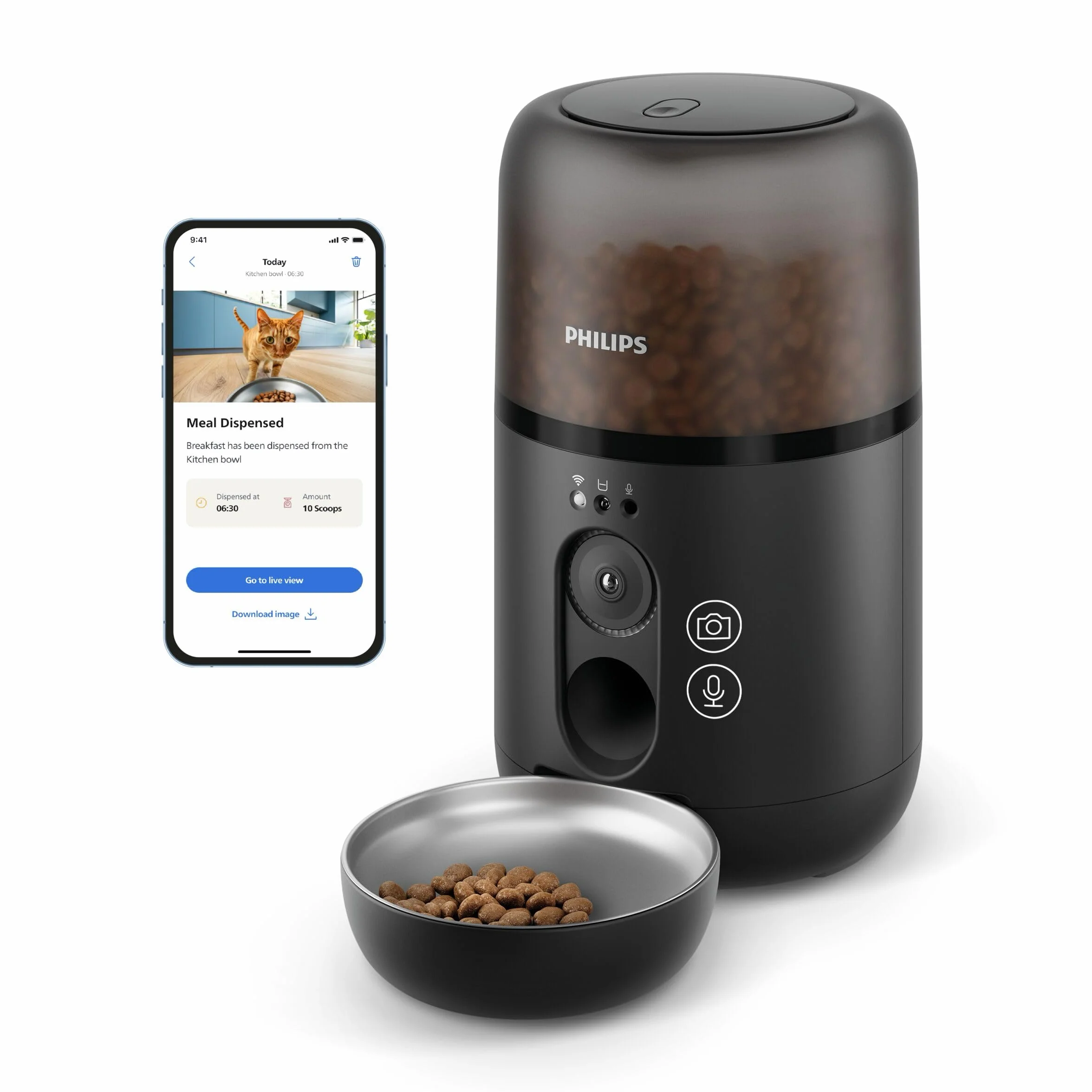 Philips Pet Series Comedero Inteligente, Detección de Movimiento, Programación de Comidas, Notificación de Reposición, Tecnología Antiatascos, Comida Fresca, Fácil de Limpiar, Aplicación (PAW5320/02)