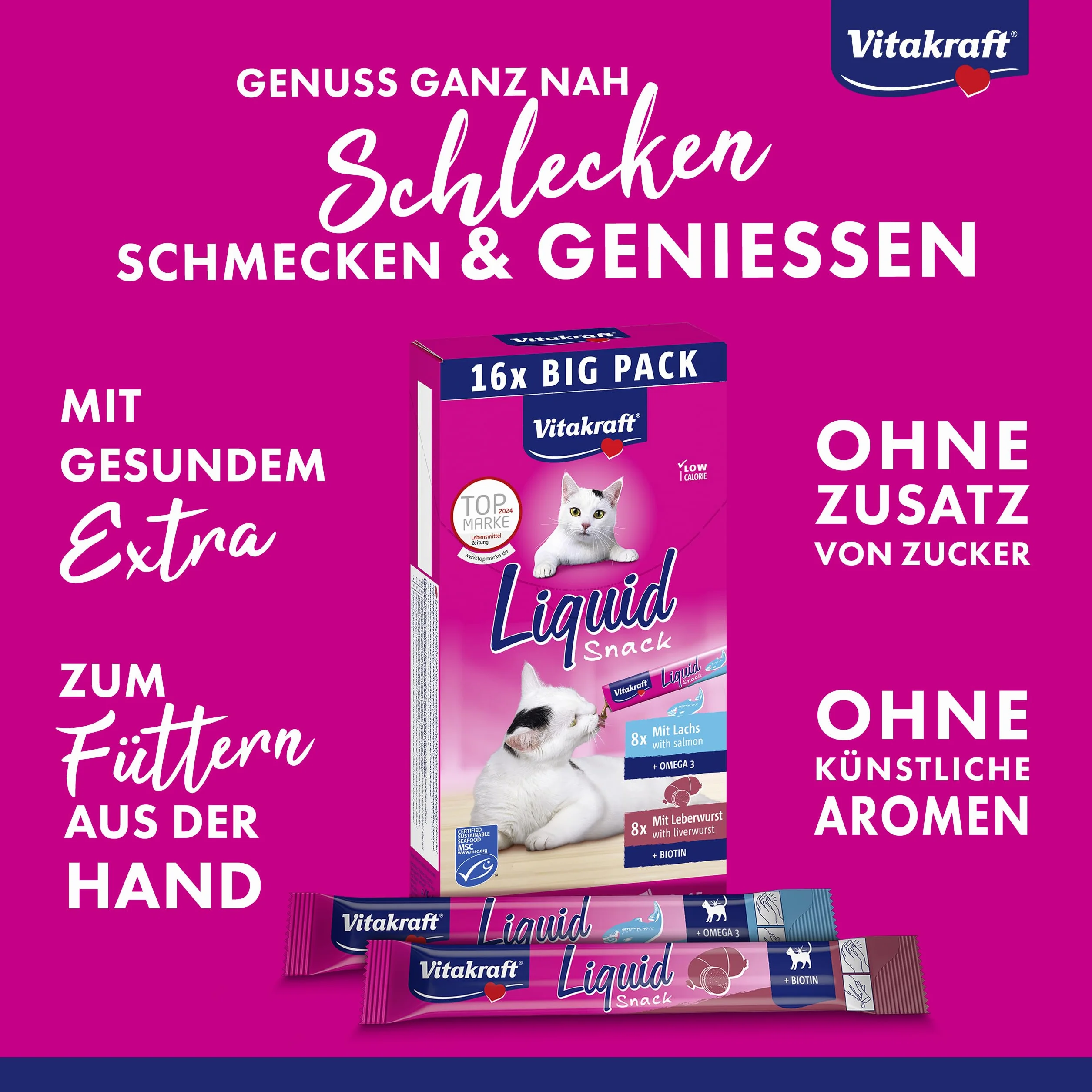 Vitakraft Liquid Snack, golosina para gatos, snack cremoso para gatos, con salchicha de hígado y biotina, con salmón y omega 3, en bolsitas individuales, 1 paquete de almacenamiento (16x 15g)
