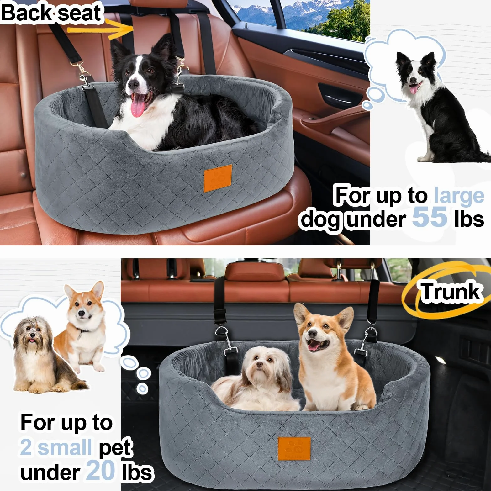 Asiento de coche para perros grandes/medianos de menos de 55 libras, cama de viaje con asiento elevador grueso lavable para mascotas con base antideslizante, se adapta a SUV y asiento trasero de