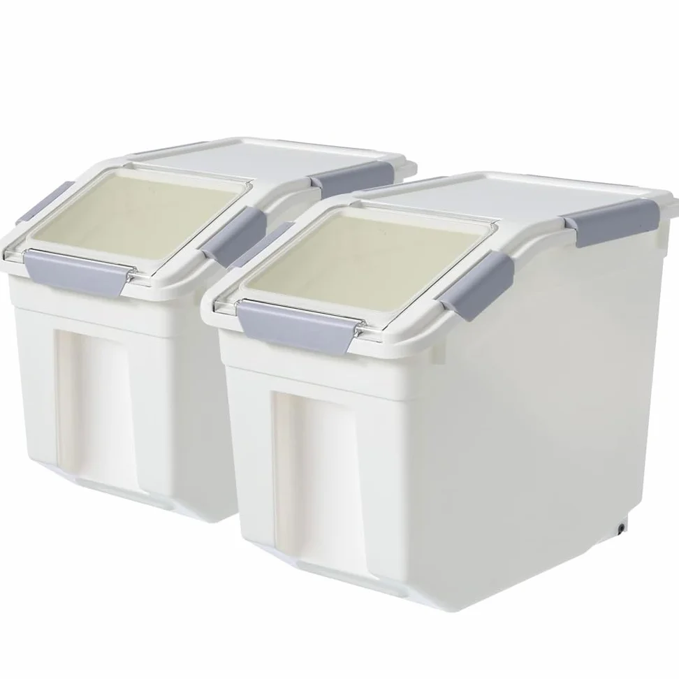 Paquete de 2 recipientes de almacenamiento de alimentos de 30 libras con cuchara, contenedores herméticos de almacenamiento de arroz, contenedores de harina, dispensador de alimentos para mascotas con