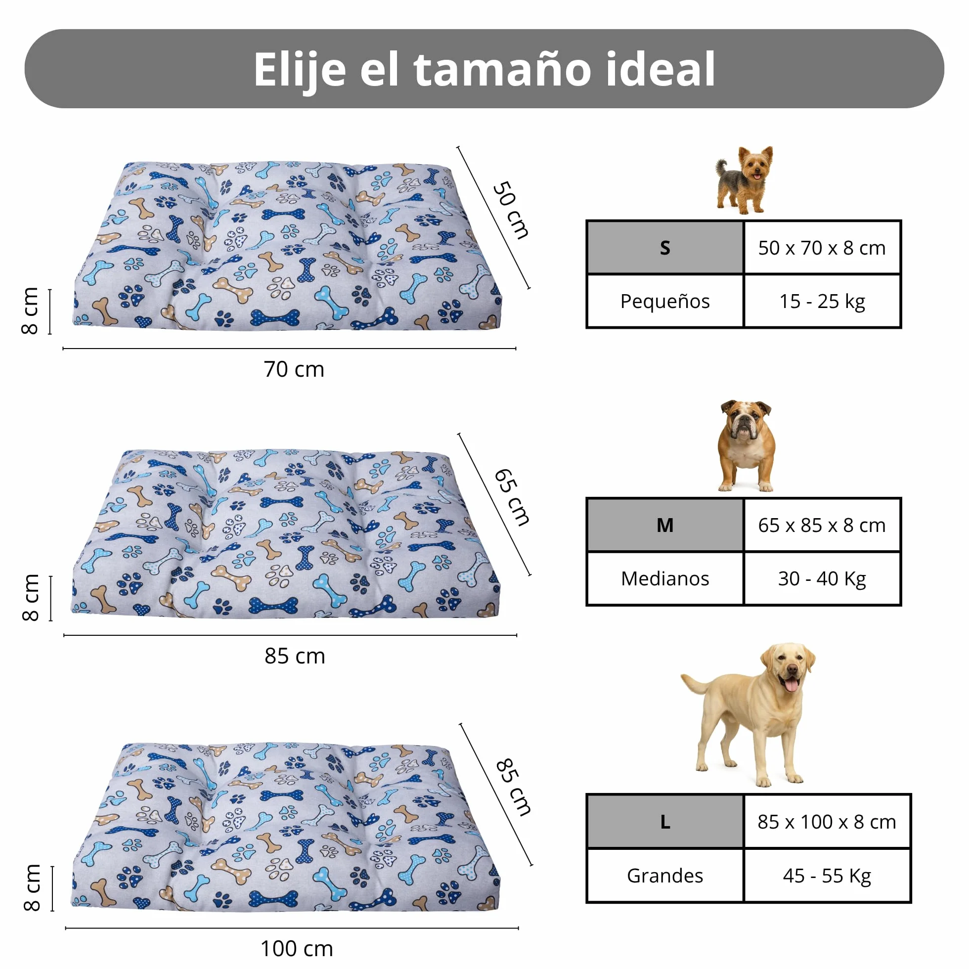 Cama Perro pequeño - Colchón Fibra Suave y Transpirable - Tejido loneta Resistente antipelos - Base Antideslizante - Lavable y Ligera - Hecho en España 50X70X8 Huesos +Cotes