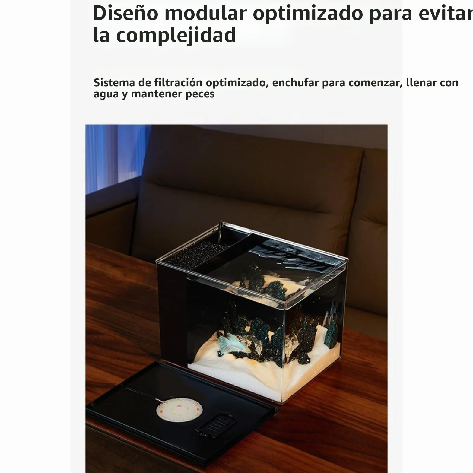 Acuario de mesa para el hogar con filtro lateral, filtración que mejora el oxígeno, bomba de flujo de 160 l/h, brillo ajustable de 10 niveles e iluminación LED (S)