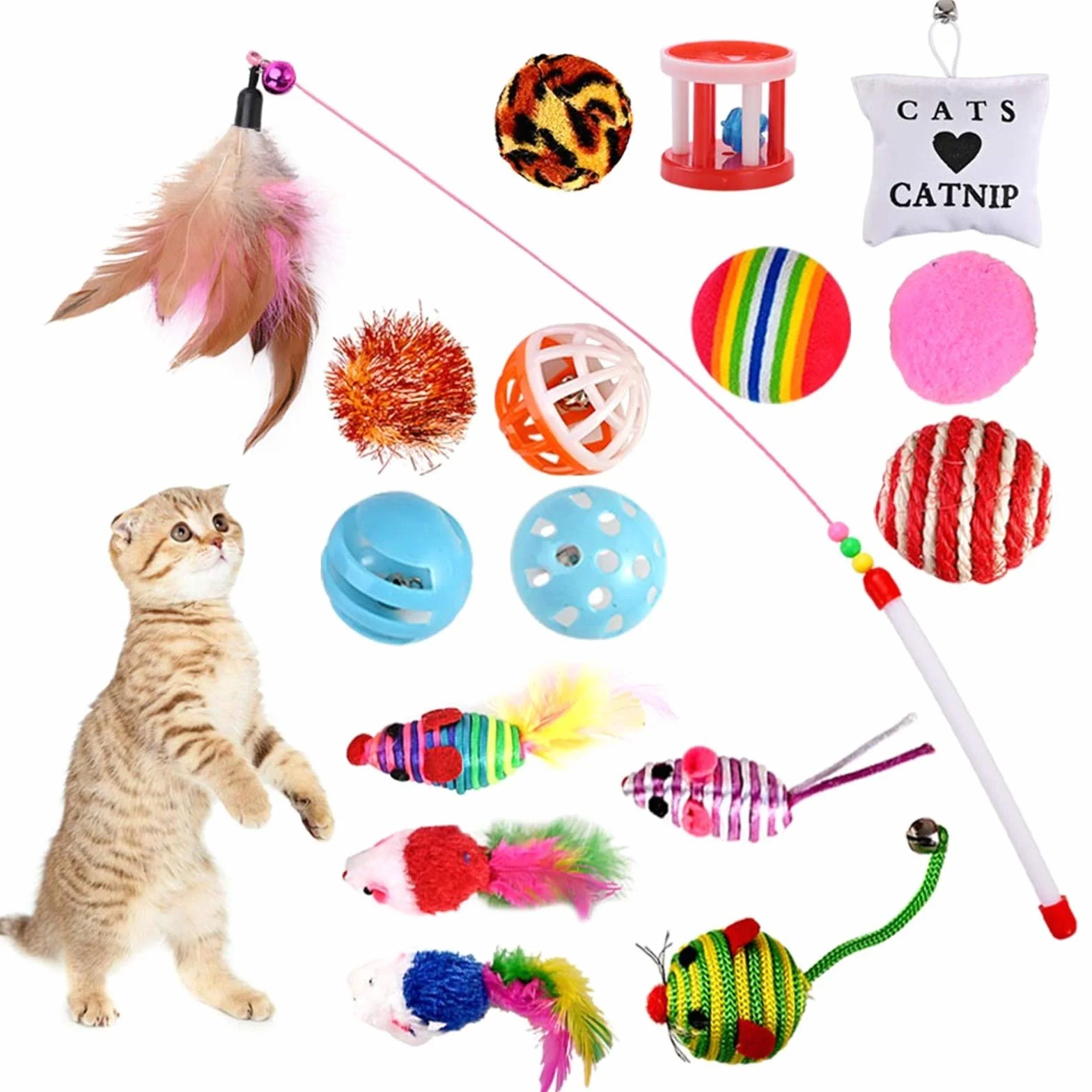 GOLDGE Juguetes para Gatos, Juguete Gato Interactivo, Juegos de Gatos Accesorios, Cat Toys, Cosas para Gato con Plumas, Ratóns, Pelota, Almohada y Juguete Interactivo Varias