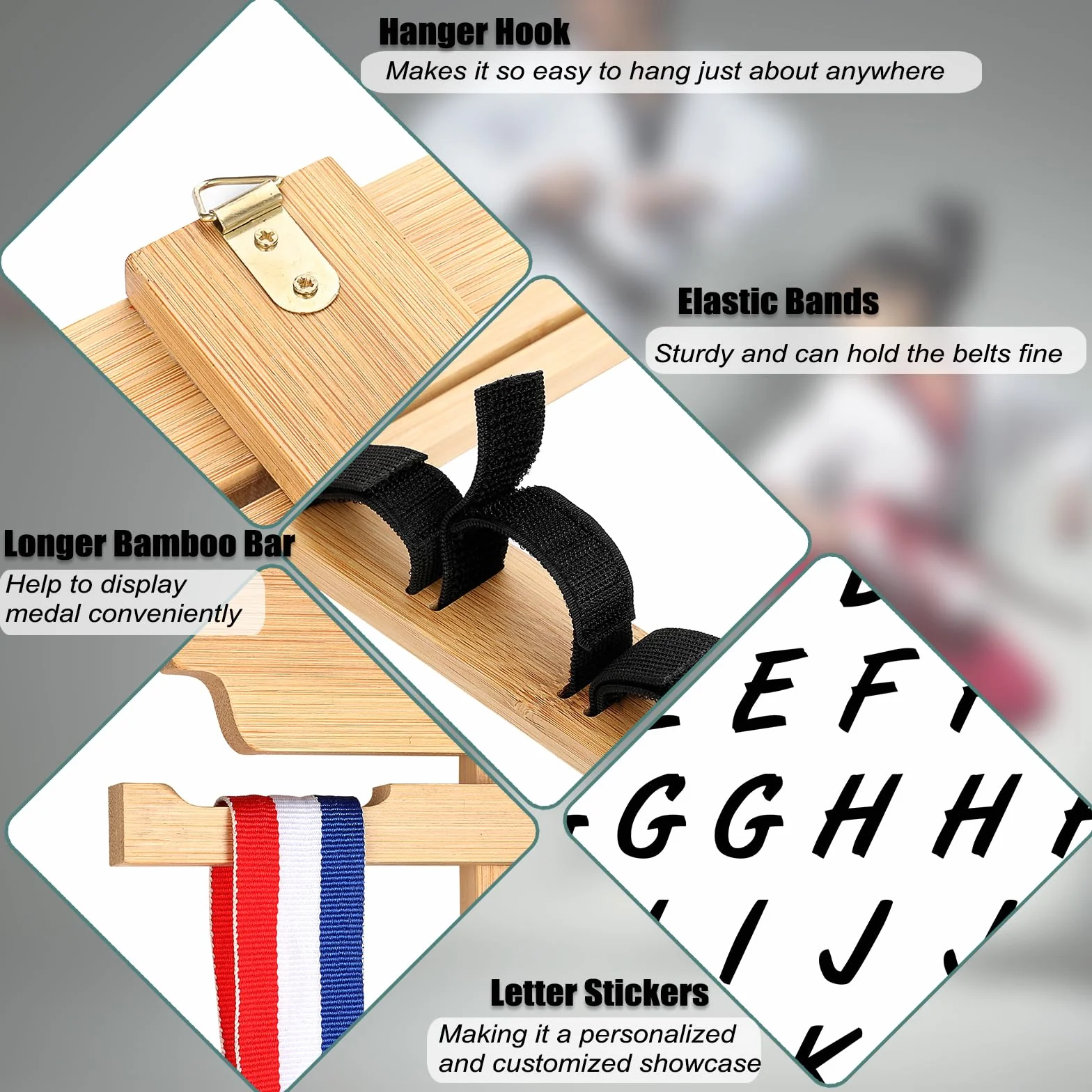 JUXYES Organizador de cinturones de artes marciales para pared 8-12 cinturones, soporte de bambú para karate