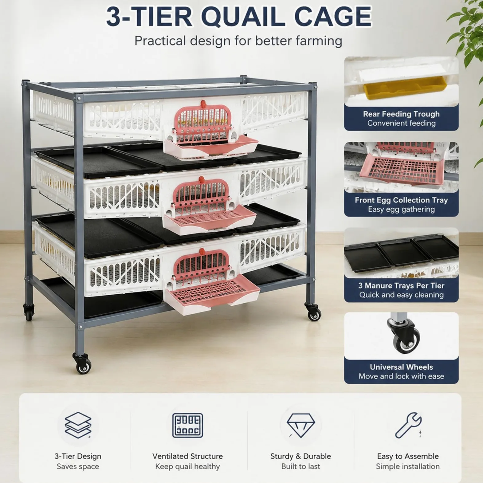 Yinian Jaula de Cría de Codornices Interior Jaula para Codornices Apilable de 3 Capas con Bandeja Recolectora de Estiércol y Comedero para Codornices, Faisanes y Pollitos de Granja Al Aire Libre